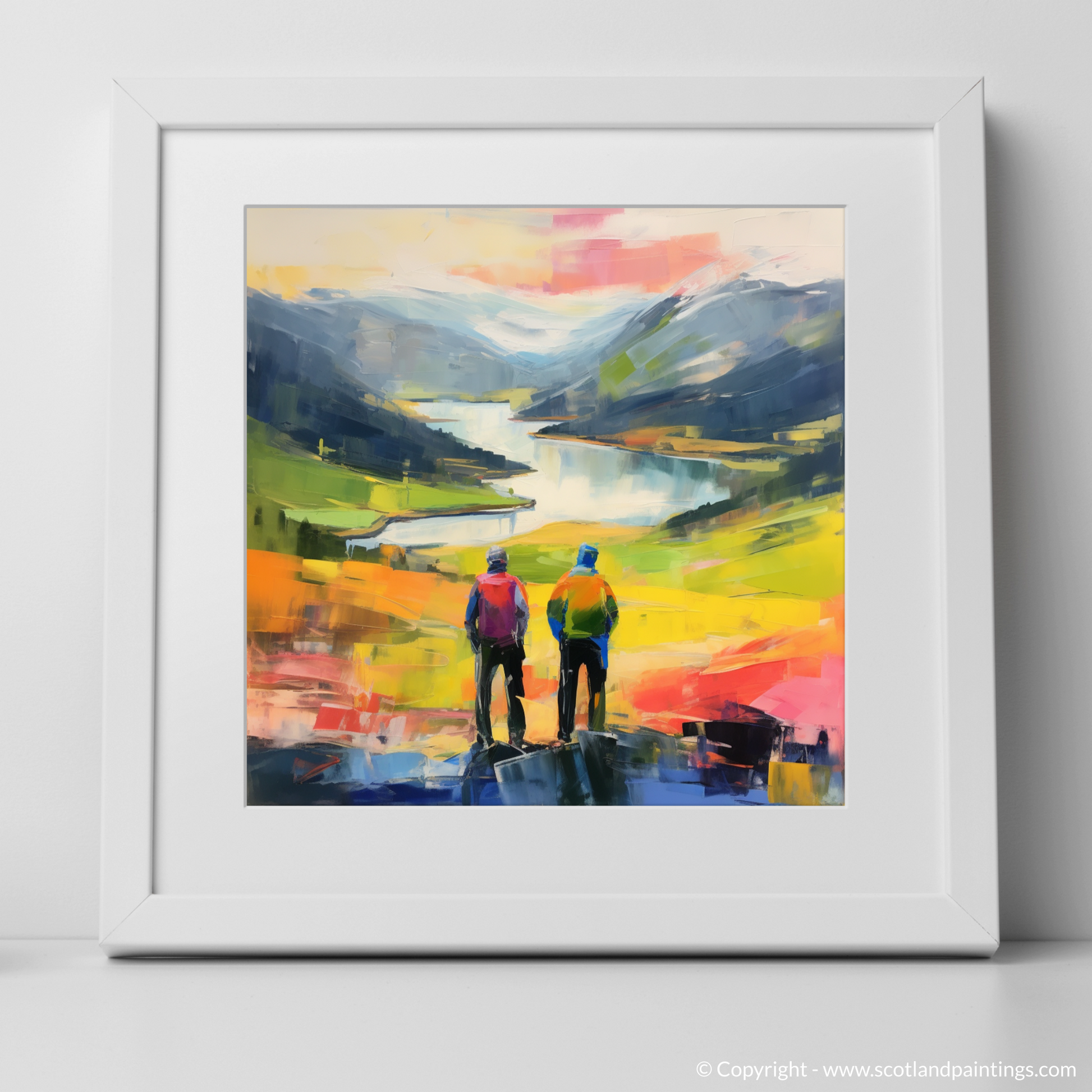 Art Print of Two hikers looking out on Loch Lomond with a white frame