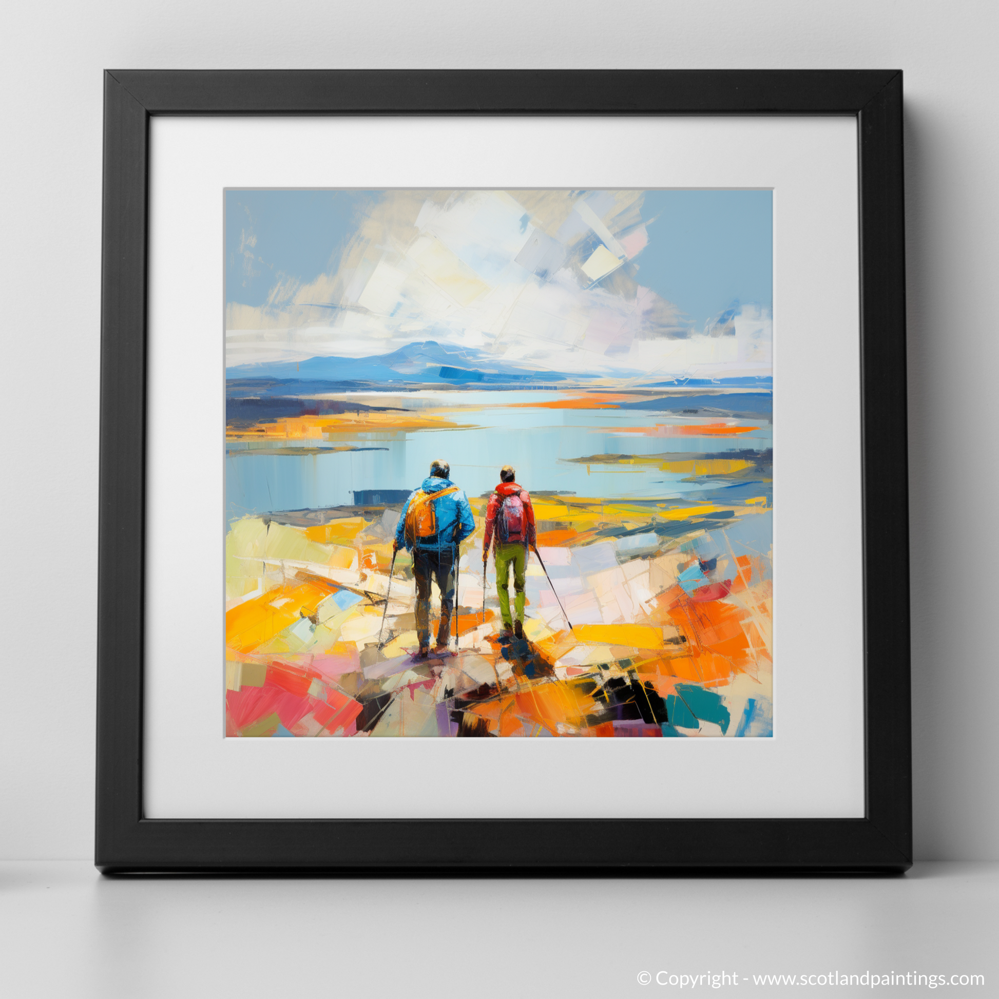 Art Print of Two hikers looking out on Loch Lomond with a black frame