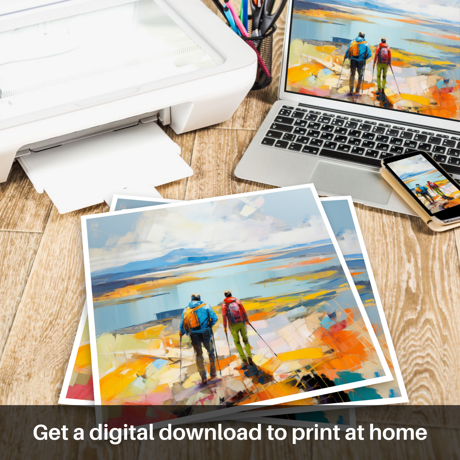 Downloadable and printable picture of Two hikers looking out on Loch Lomond