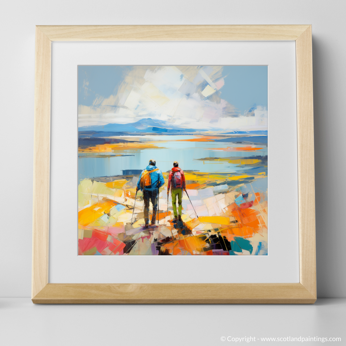 Art Print of Two hikers looking out on Loch Lomond with a natural frame