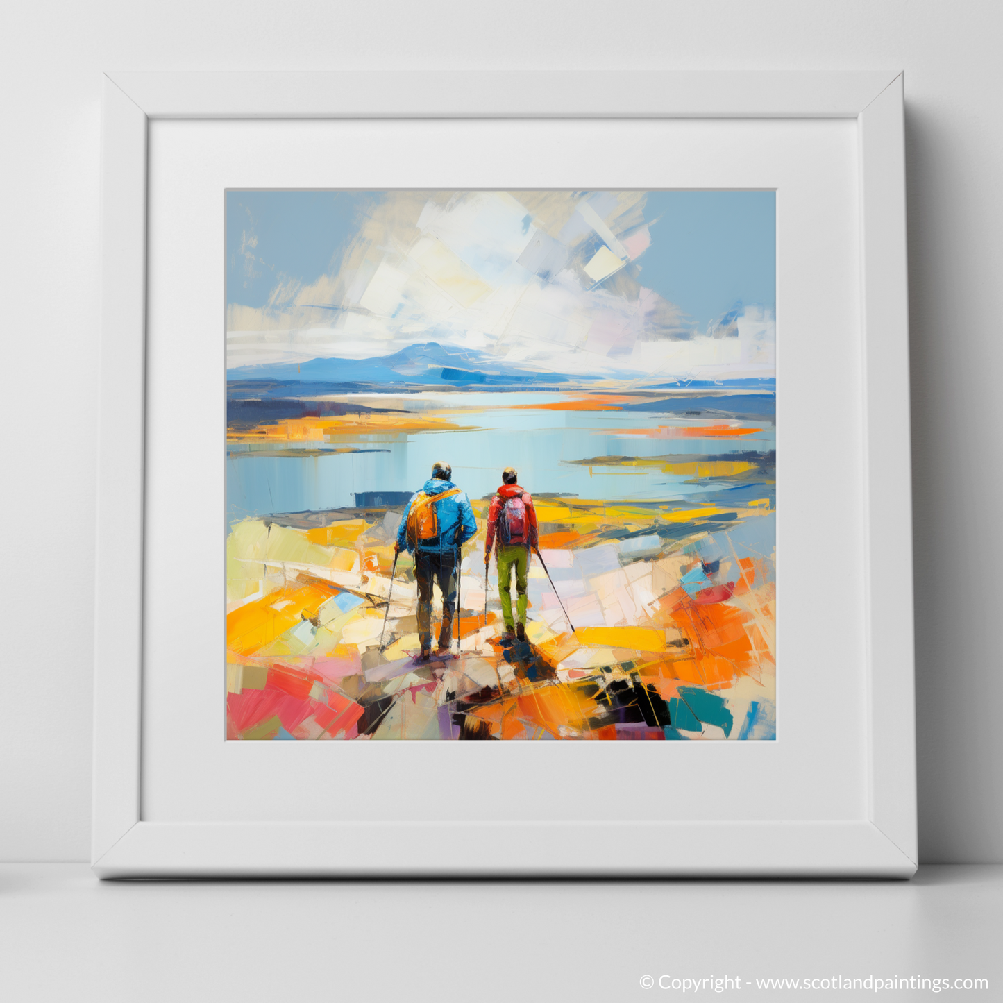 Art Print of Two hikers looking out on Loch Lomond with a white frame