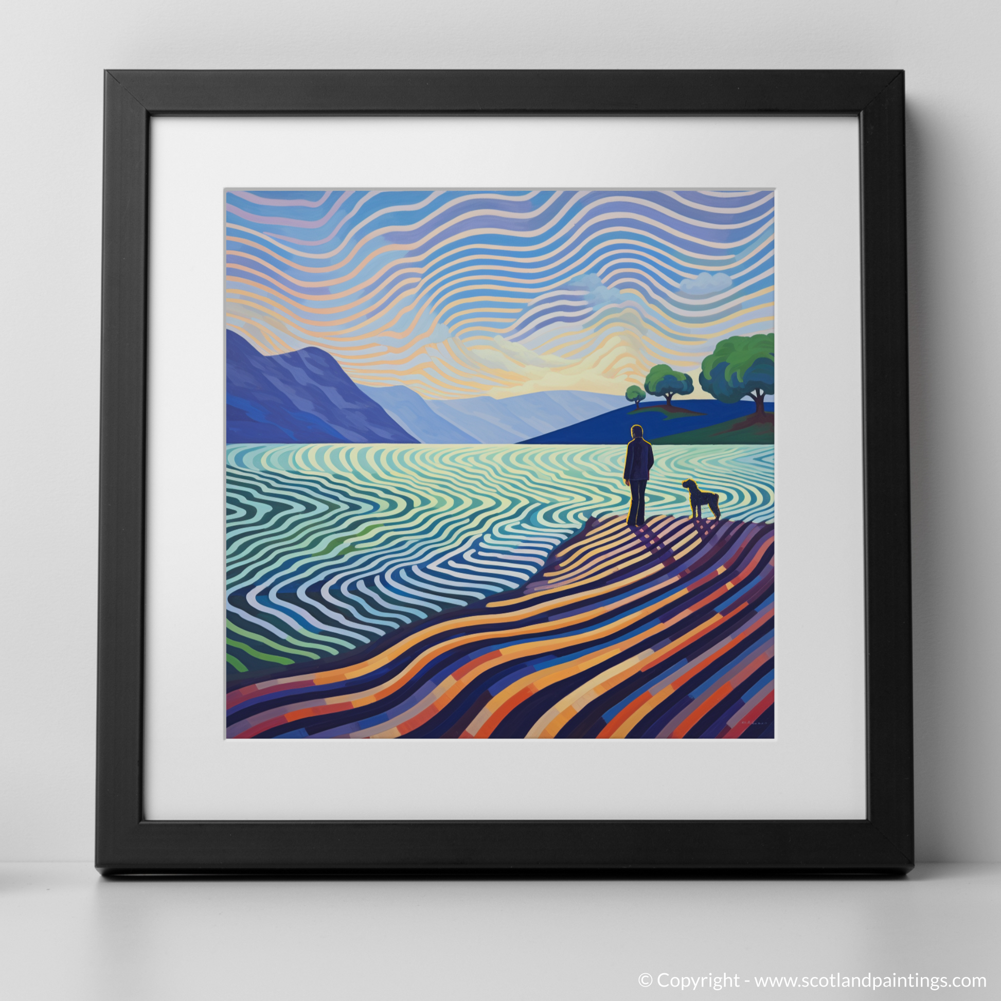 Art Print of A man walking dog at the side of Loch Lomond with a black frame