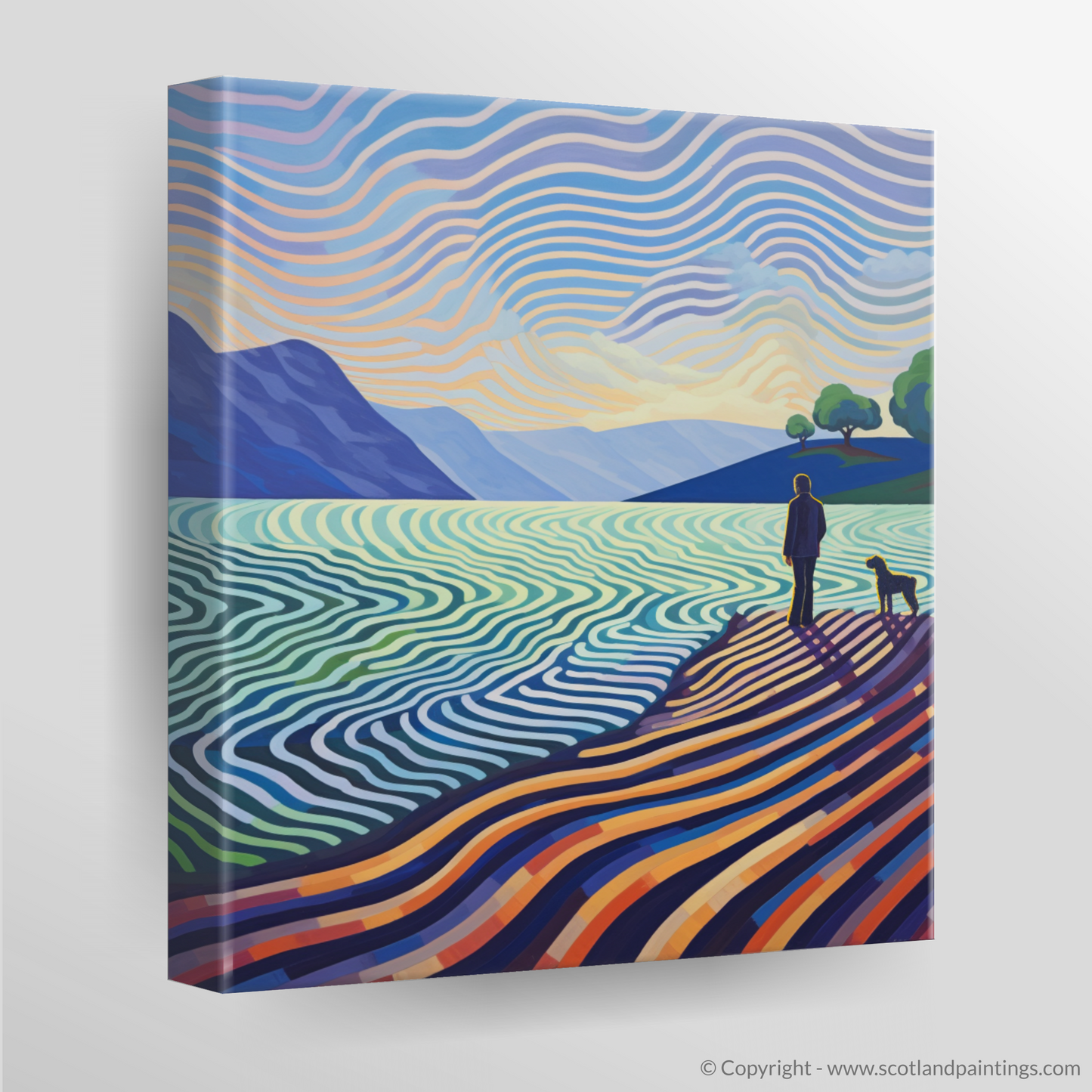 Canvas Print of A man walking dog at the side of Loch Lomond