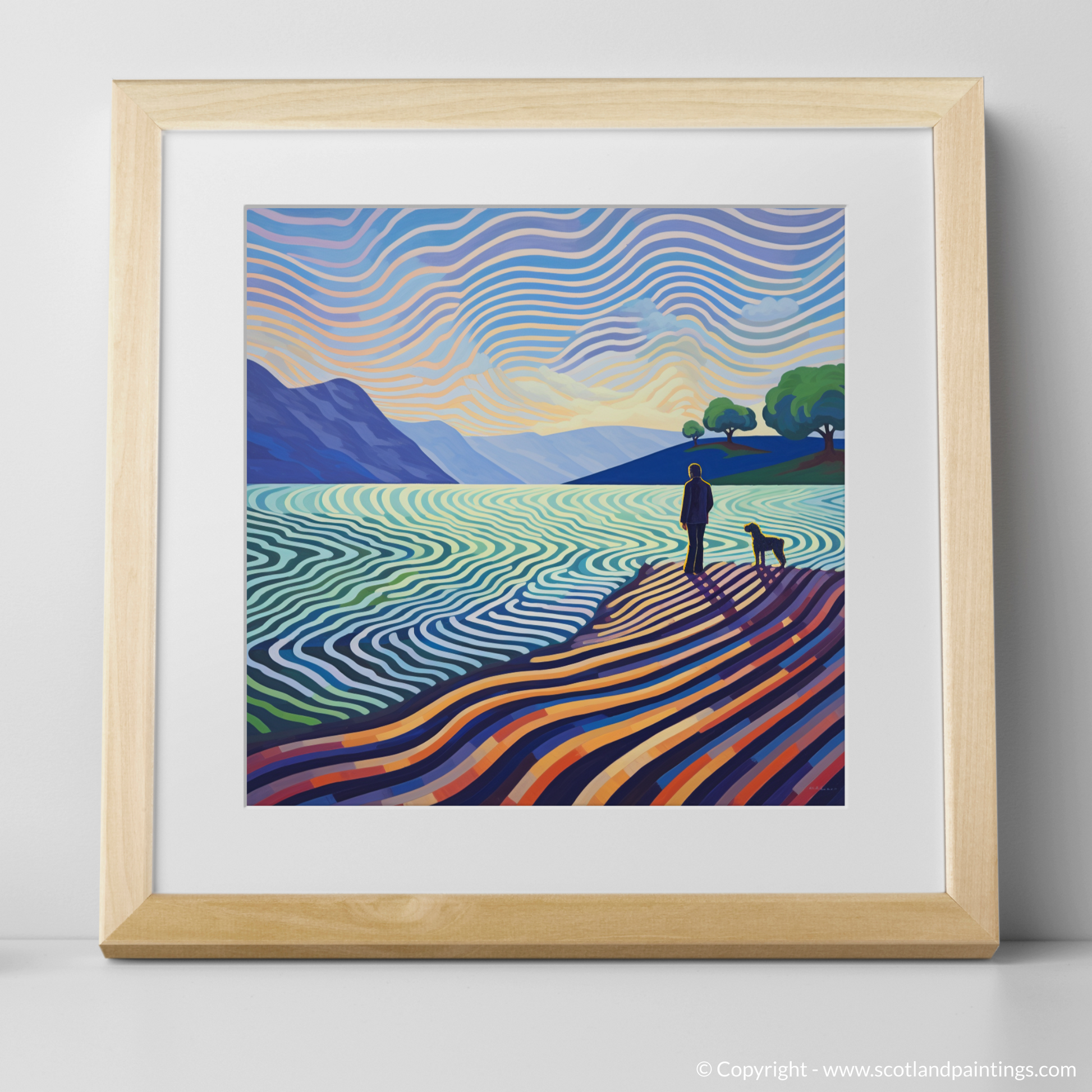 Art Print of A man walking dog at the side of Loch Lomond with a natural frame