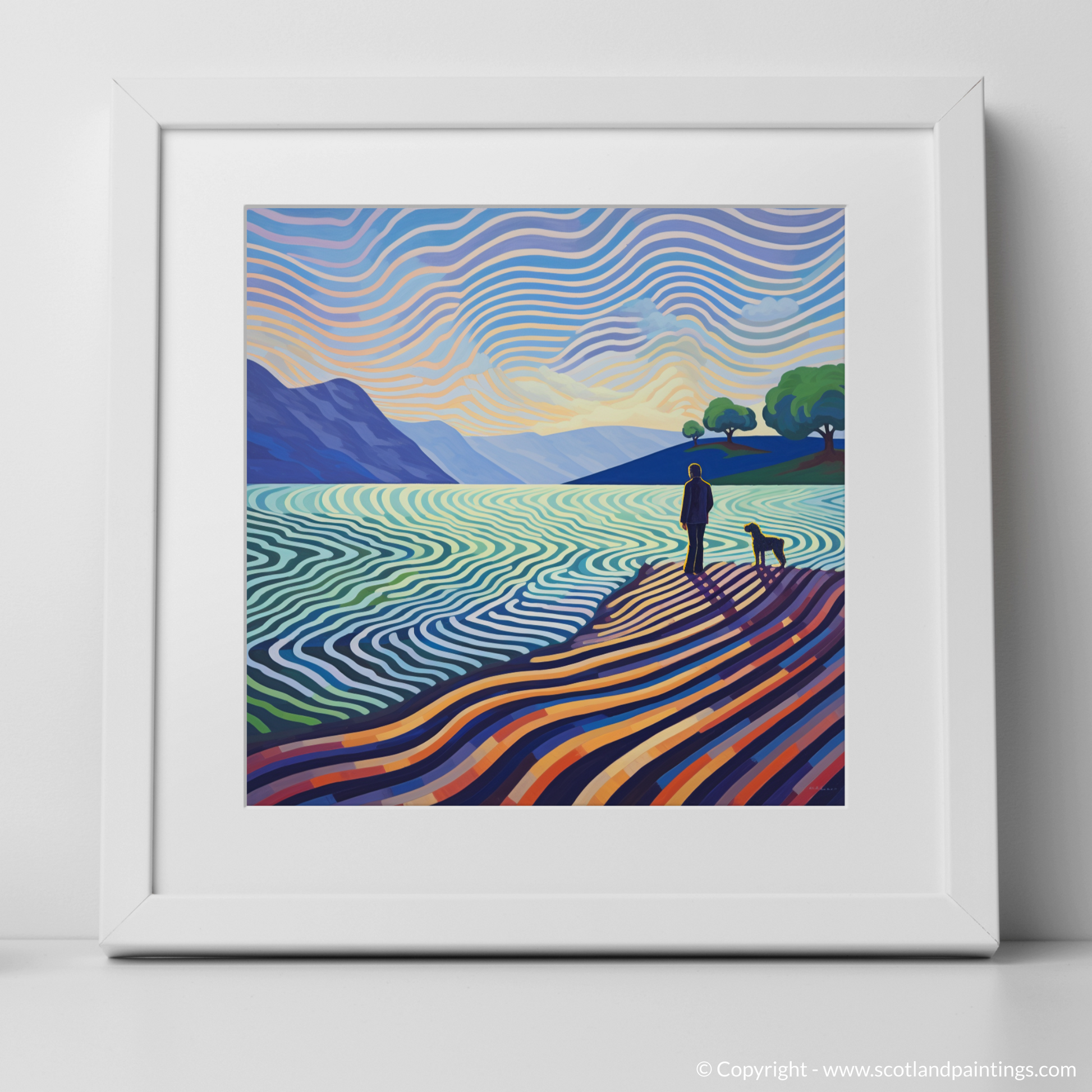 Art Print of A man walking dog at the side of Loch Lomond with a white frame