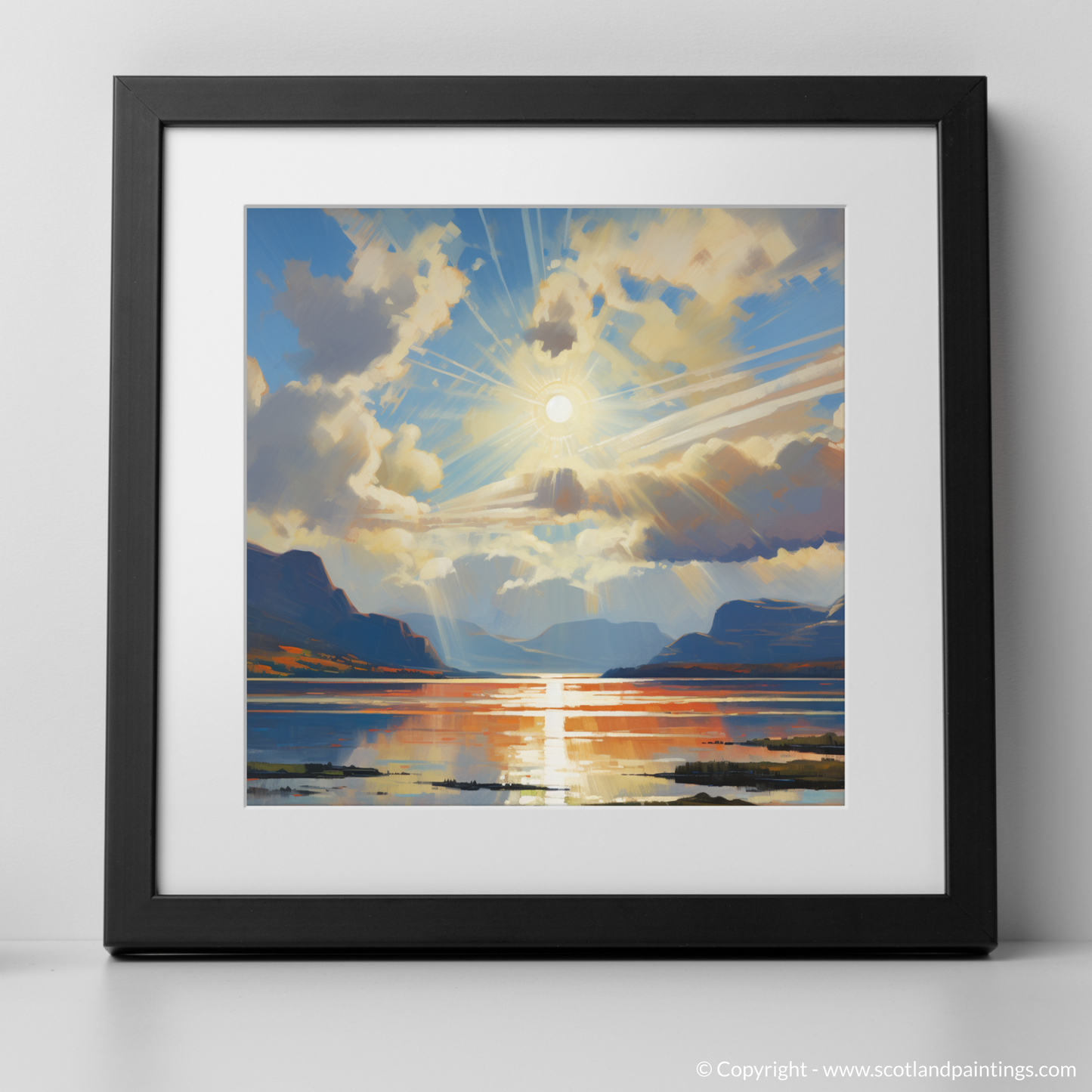 Art Print of Sun rays through clouds above Loch Lomond with a black frame