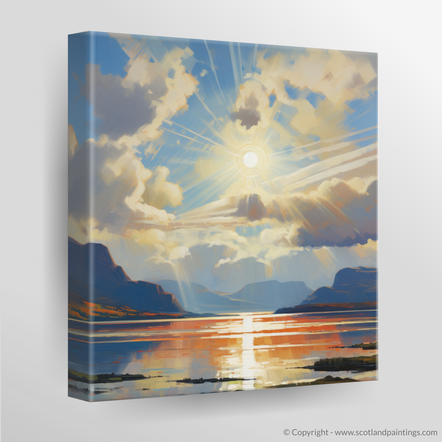 Canvas Print of Sun rays through clouds above Loch Lomond
