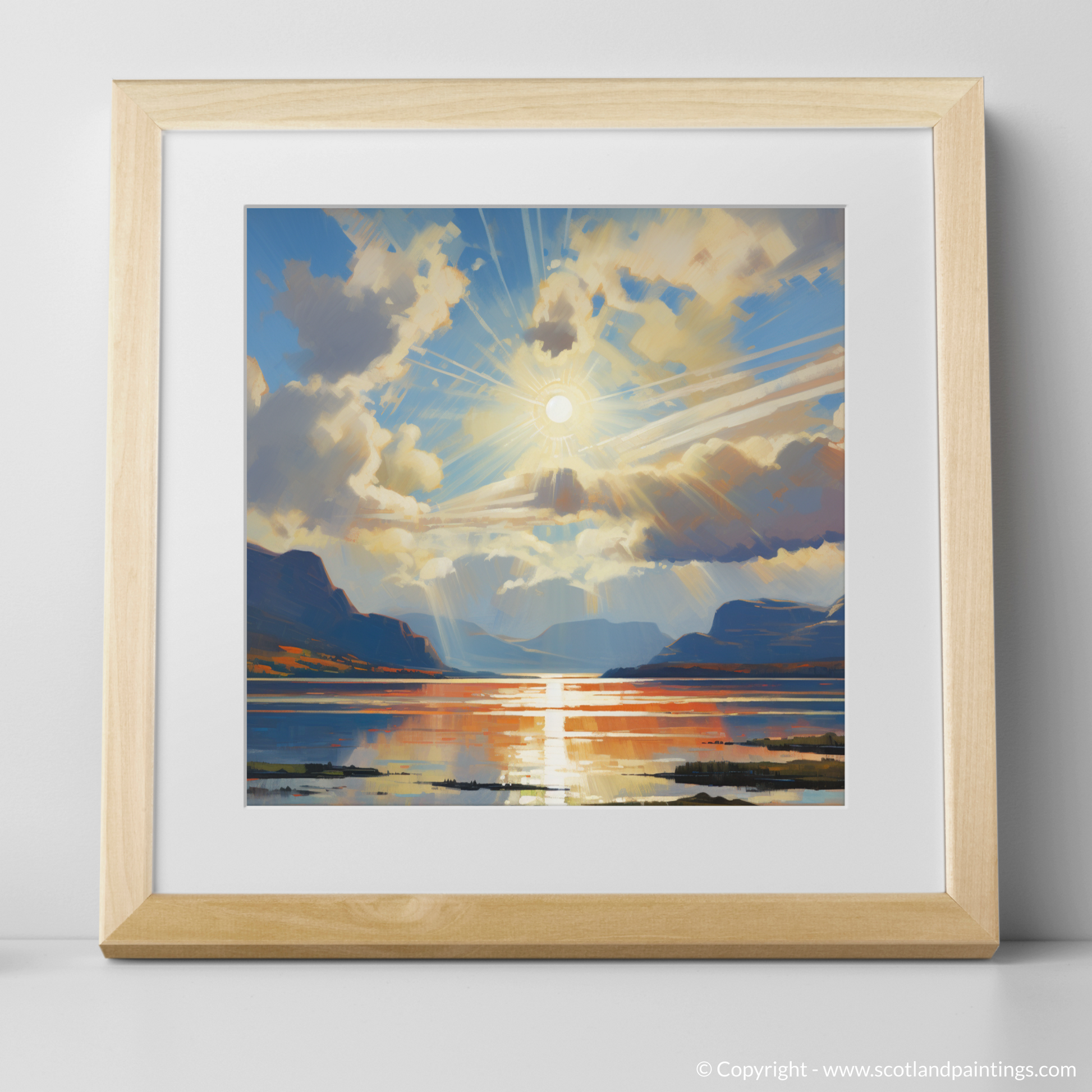 Art Print of Sun rays through clouds above Loch Lomond with a natural frame