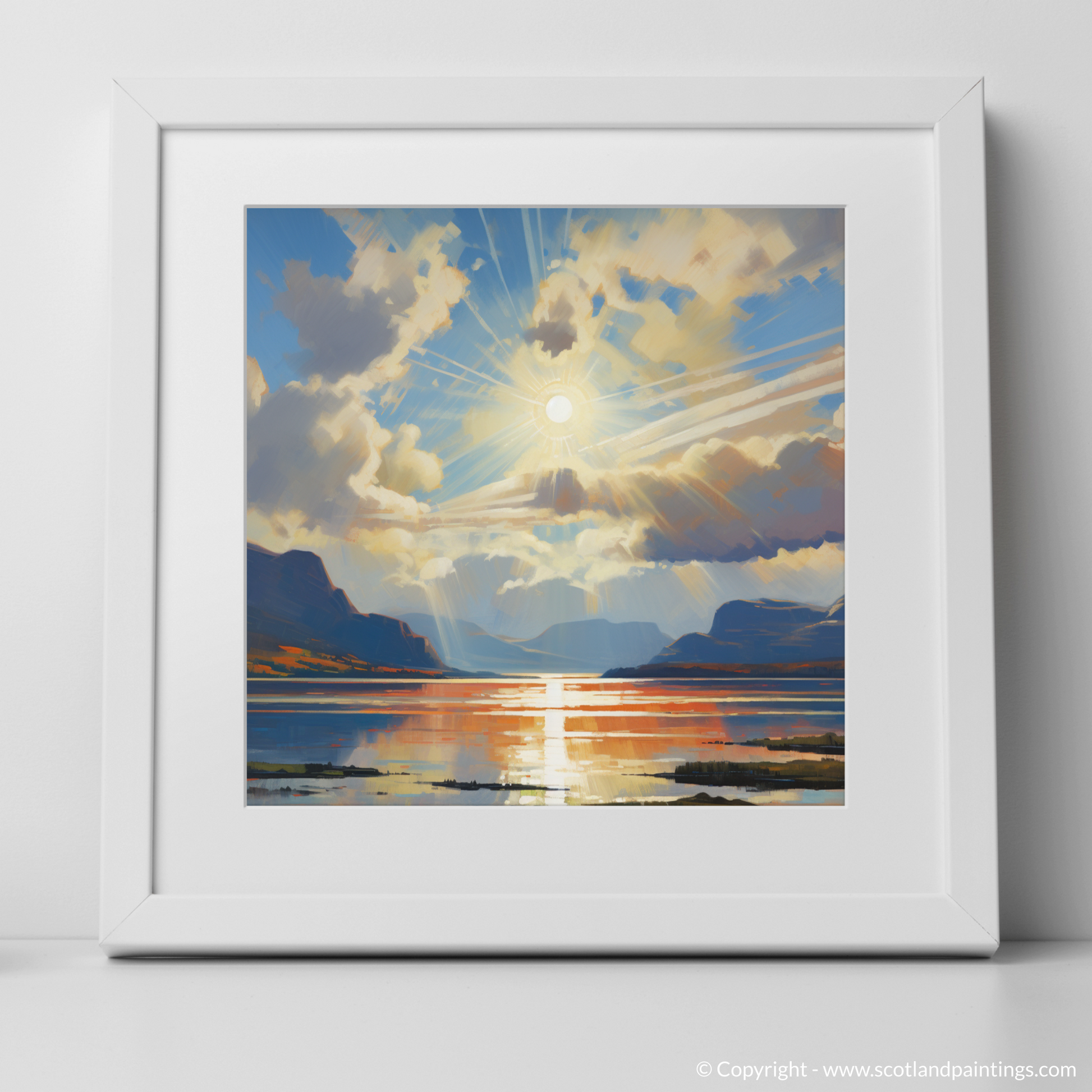 Art Print of Sun rays through clouds above Loch Lomond with a white frame