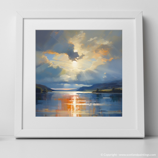 Art Print of Sun rays through clouds above Loch Lomond with a white frame