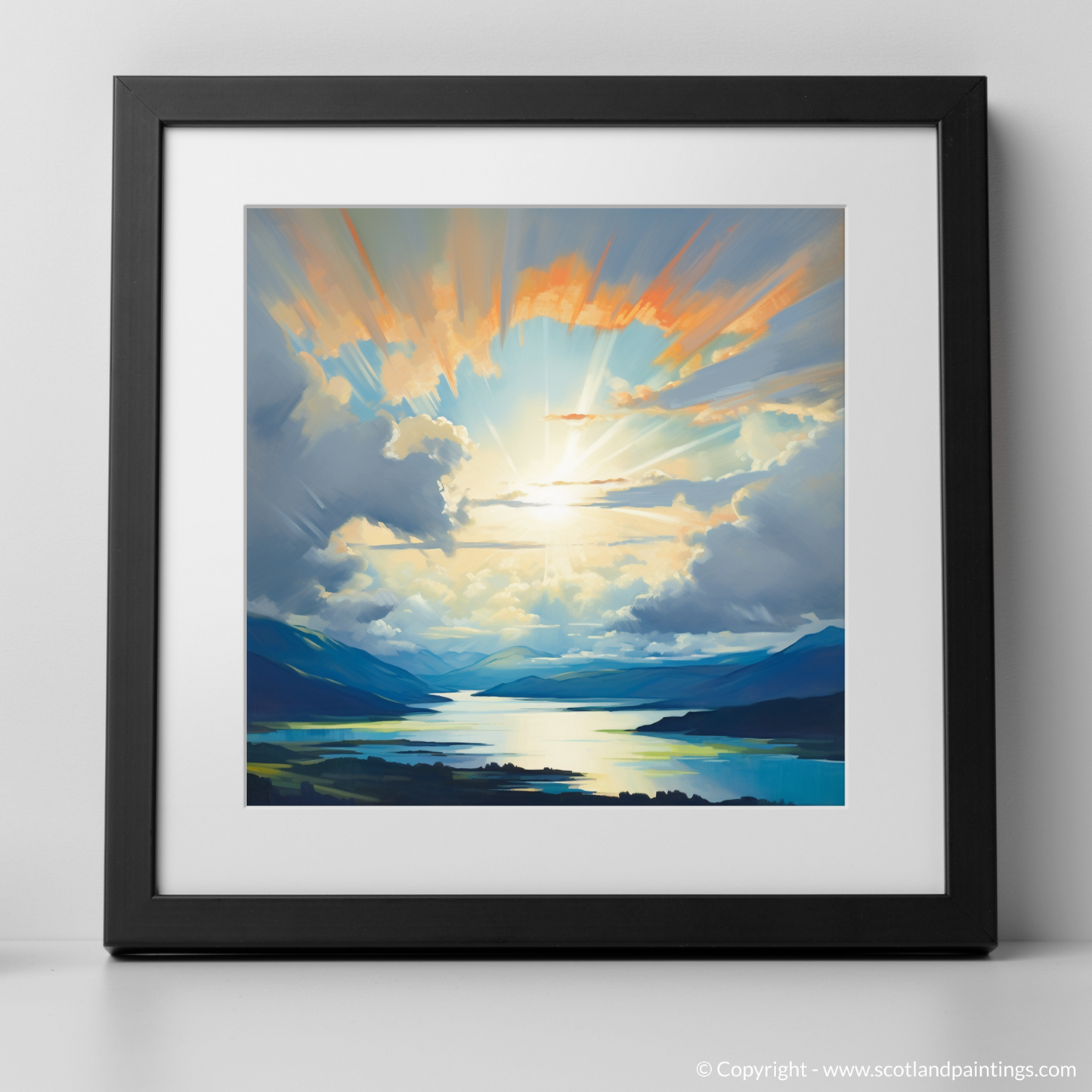 Art Print of Sun rays through clouds above Loch Lomond with a black frame