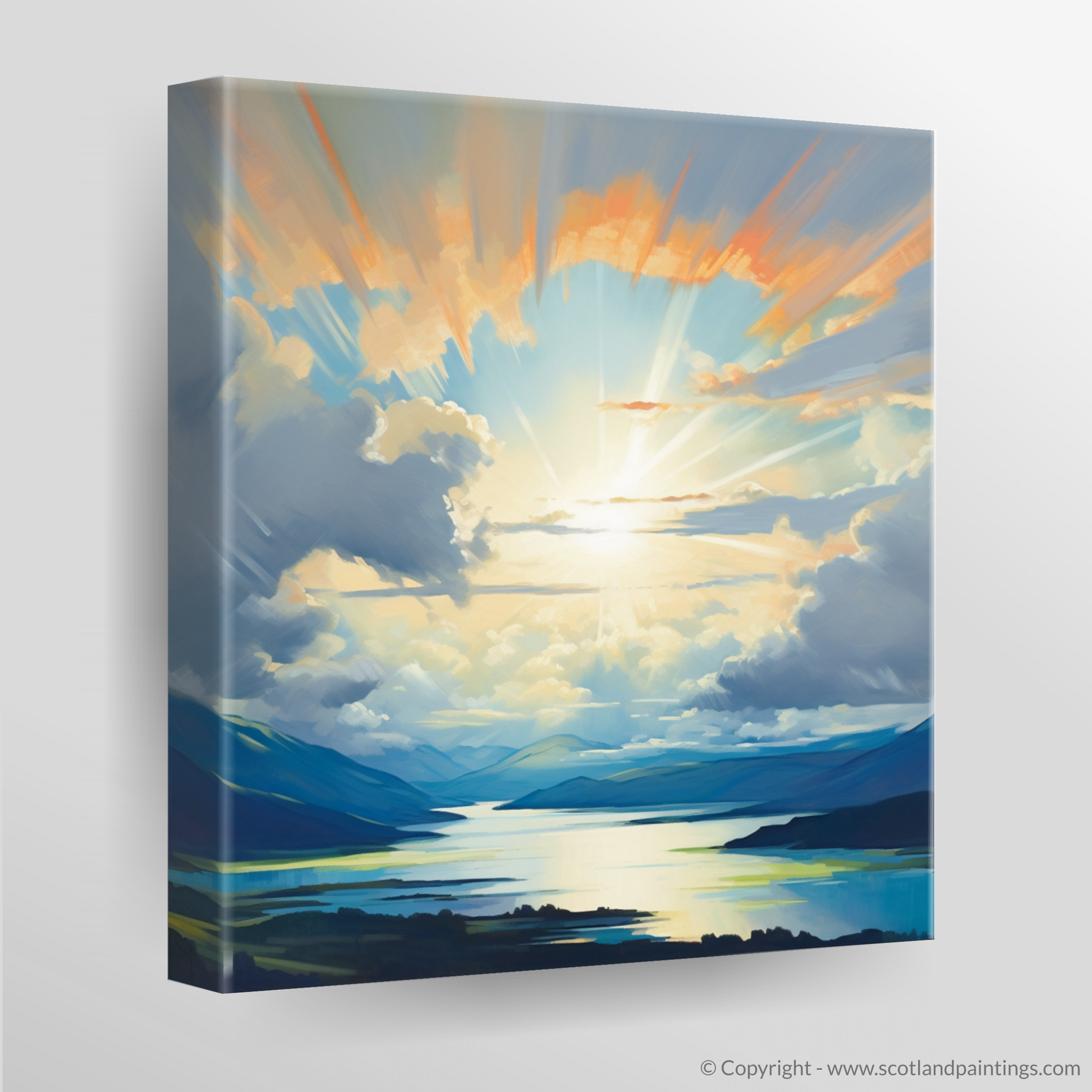 Canvas Print of Sun rays through clouds above Loch Lomond