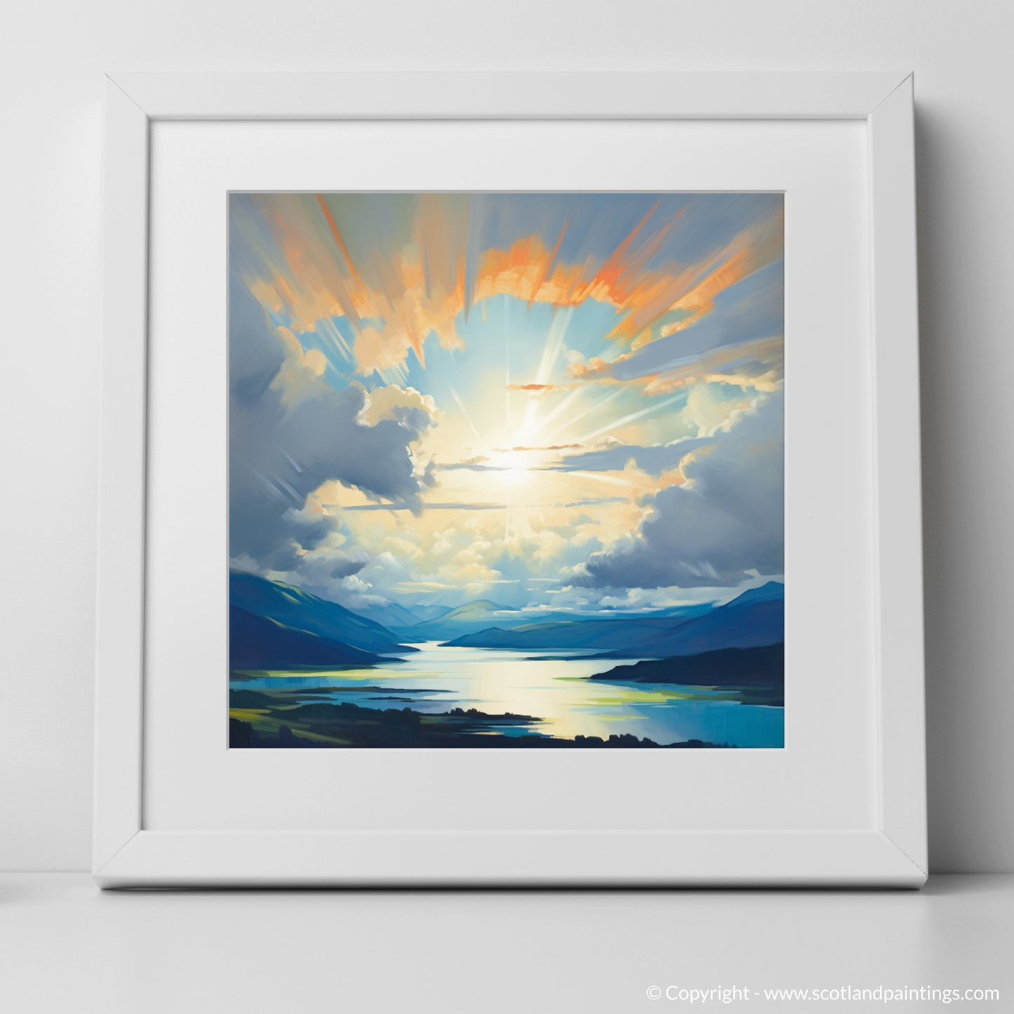 Art Print of Sun rays through clouds above Loch Lomond with a white frame