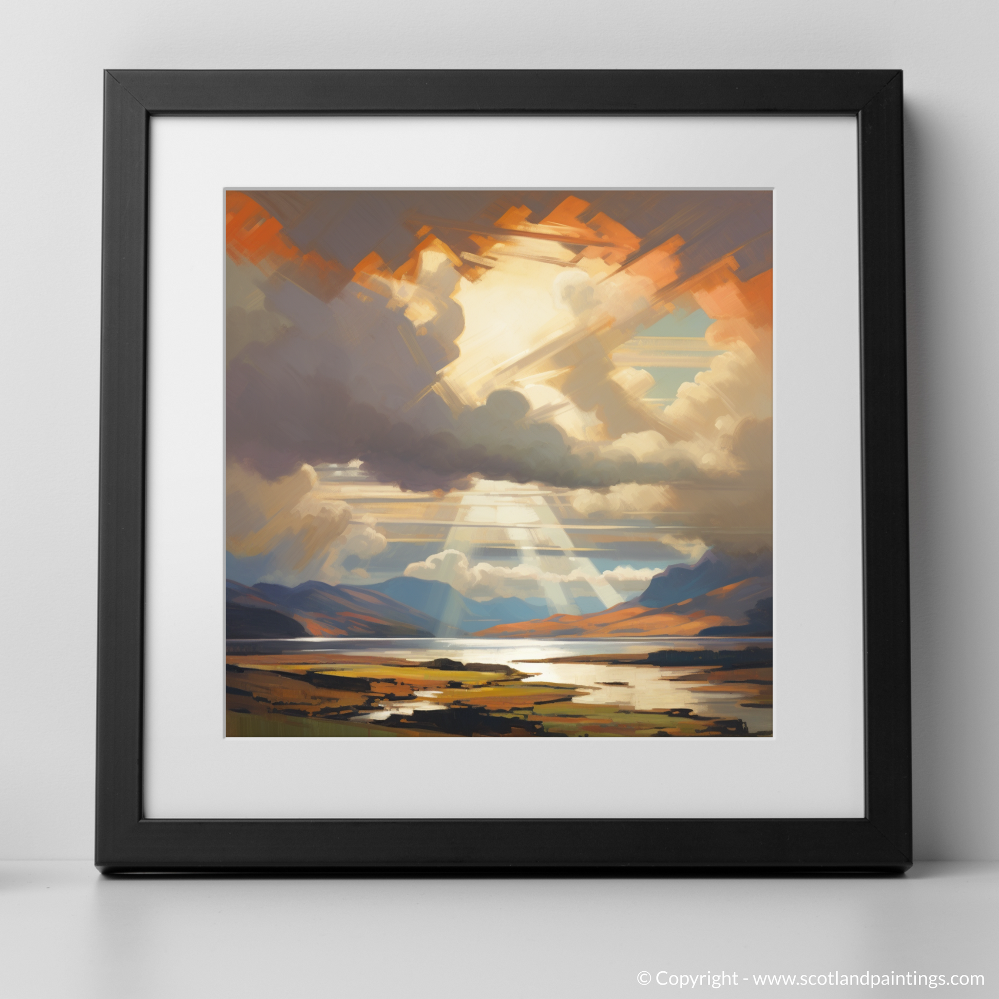 Art Print of Sun rays through clouds above Loch Lomond with a black frame