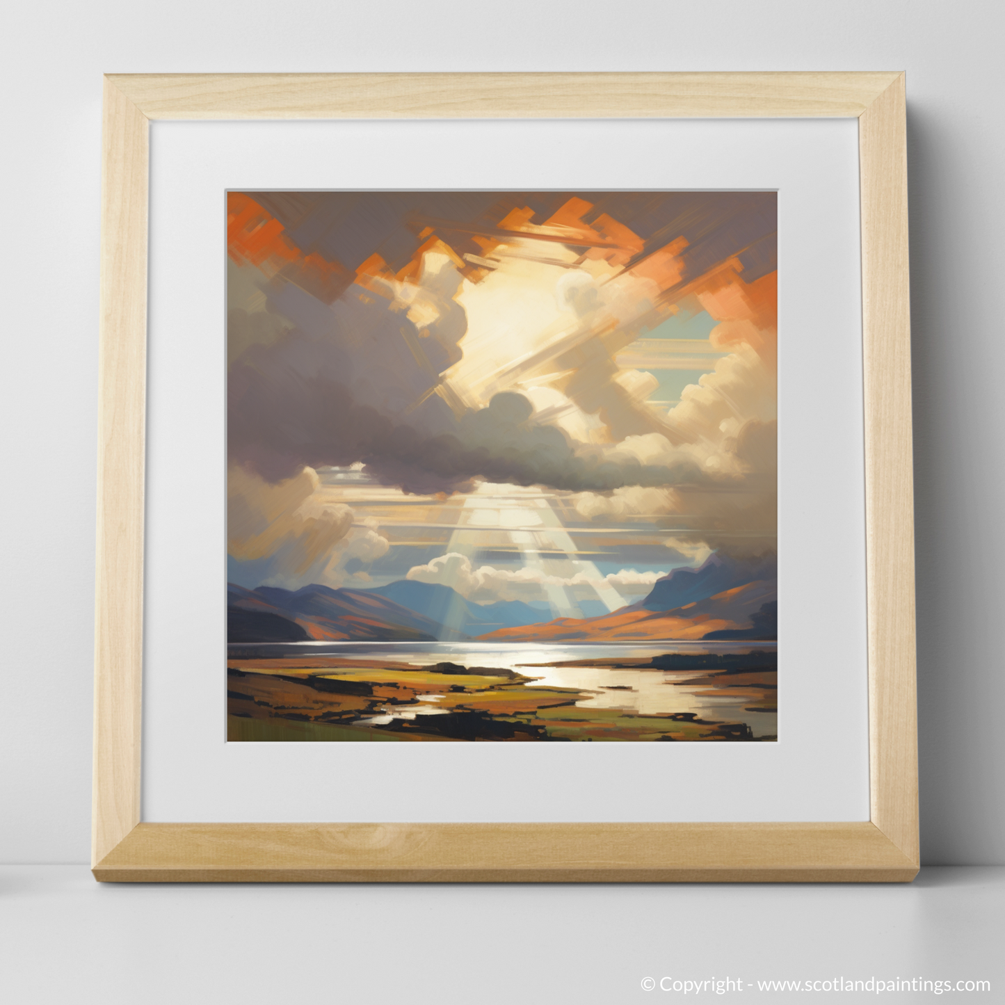 Art Print of Sun rays through clouds above Loch Lomond with a natural frame