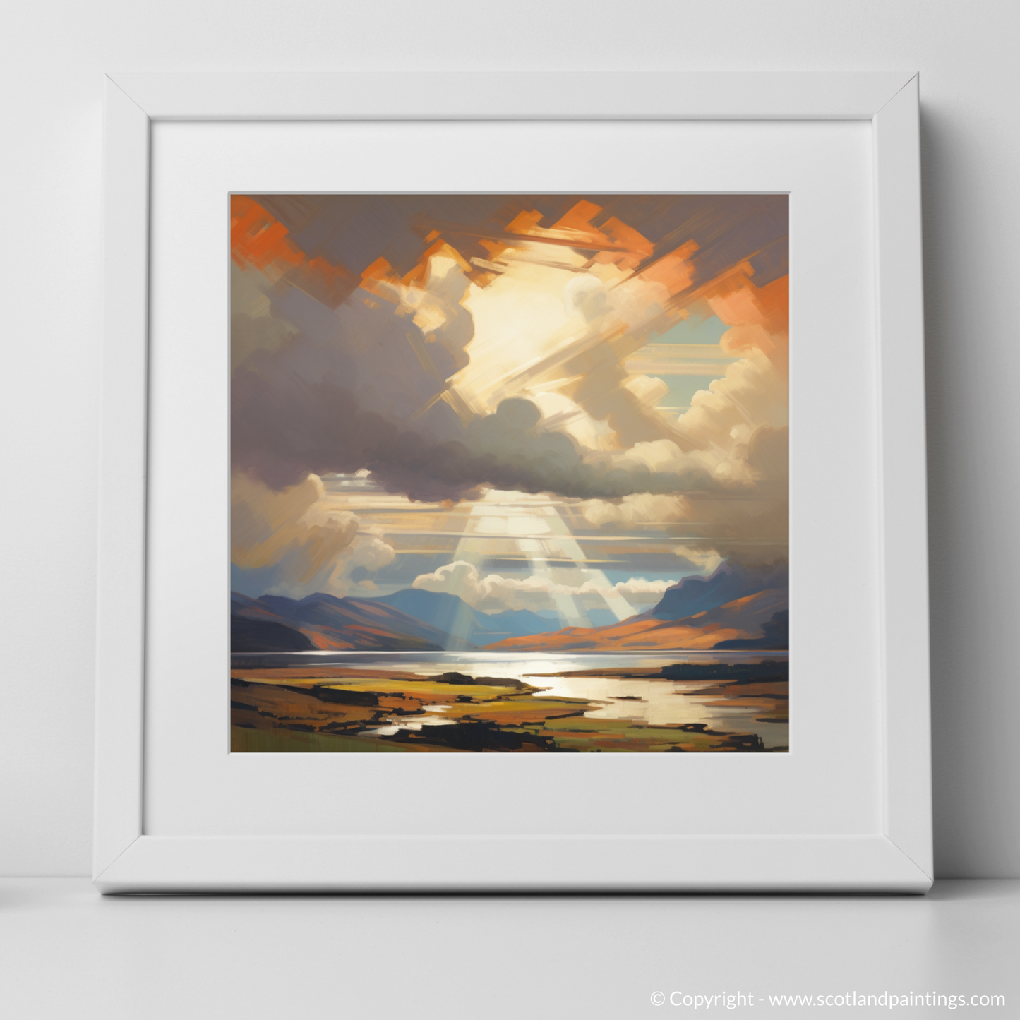 Art Print of Sun rays through clouds above Loch Lomond with a white frame