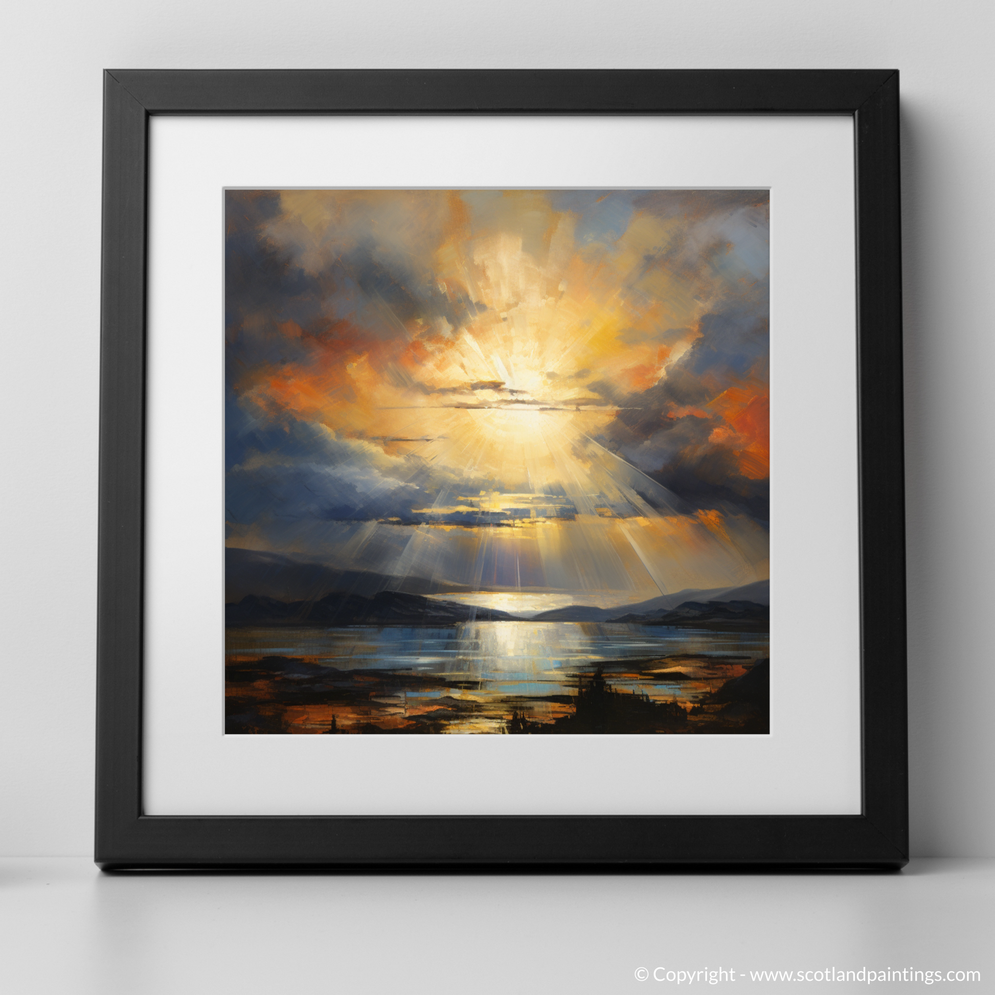 Art Print of Crepuscular rays above Loch Lomond with a black frame