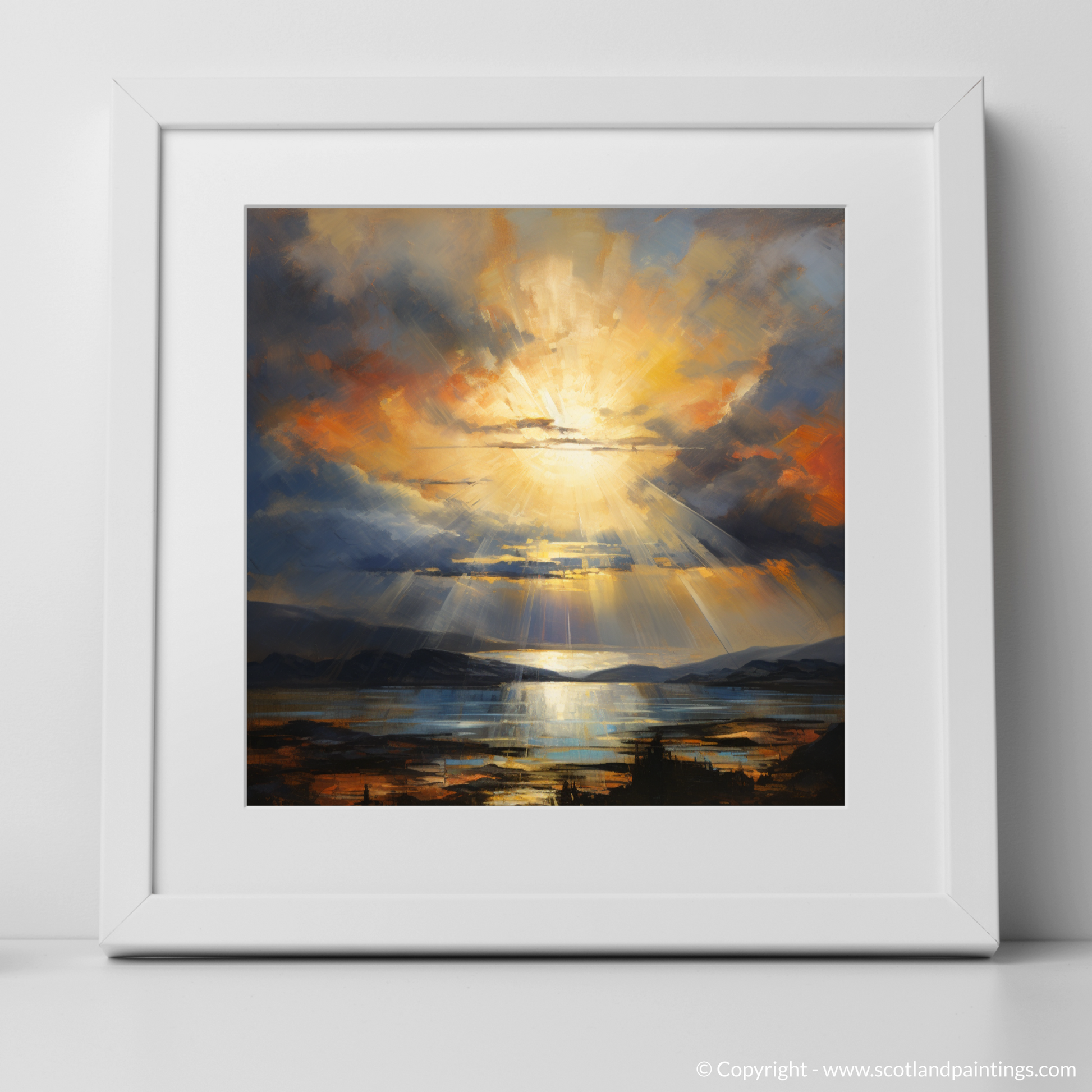 Art Print of Crepuscular rays above Loch Lomond with a white frame