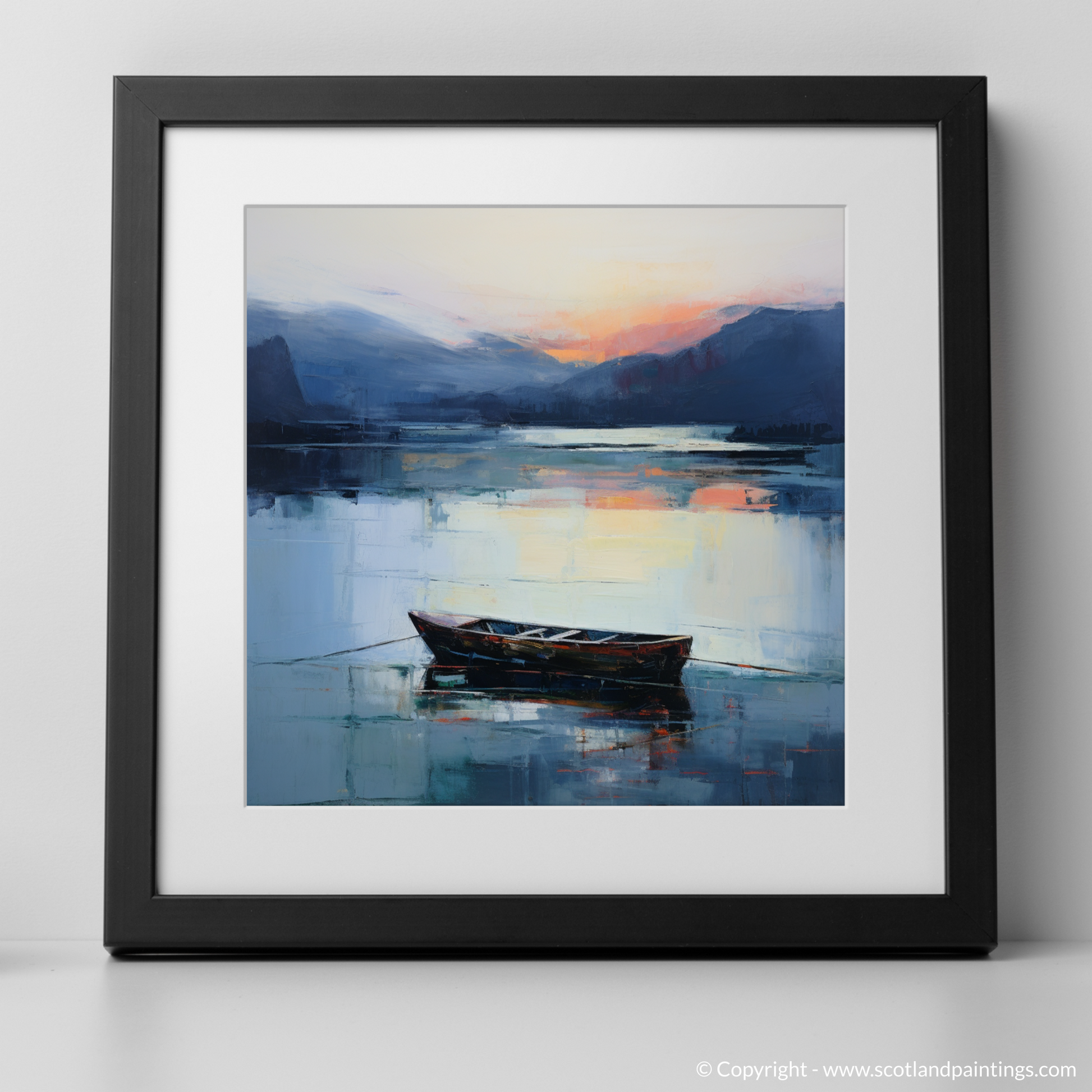 Art Print of Lone rowboat on Loch Lomond at dusk with a black frame