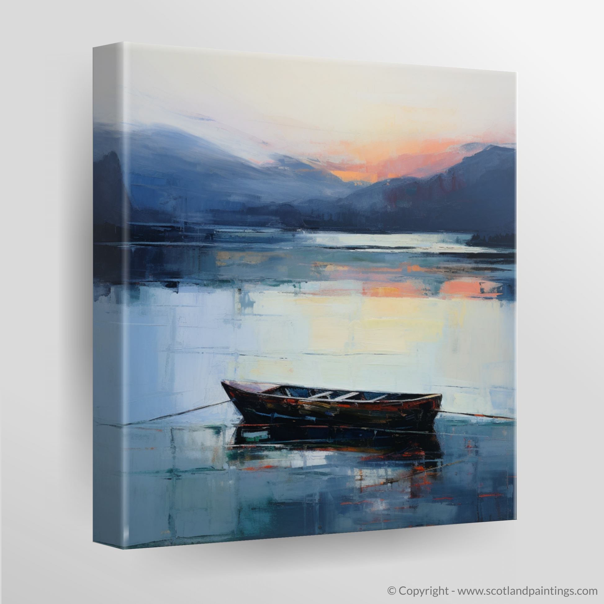 Canvas Print of Lone rowboat on Loch Lomond at dusk