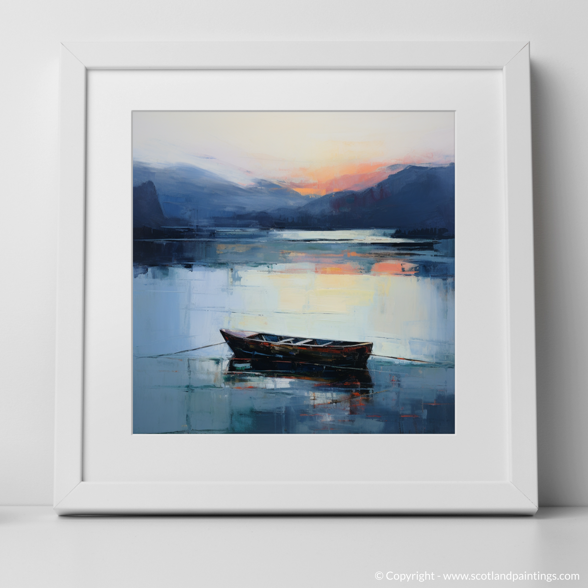 Art Print of Lone rowboat on Loch Lomond at dusk with a white frame