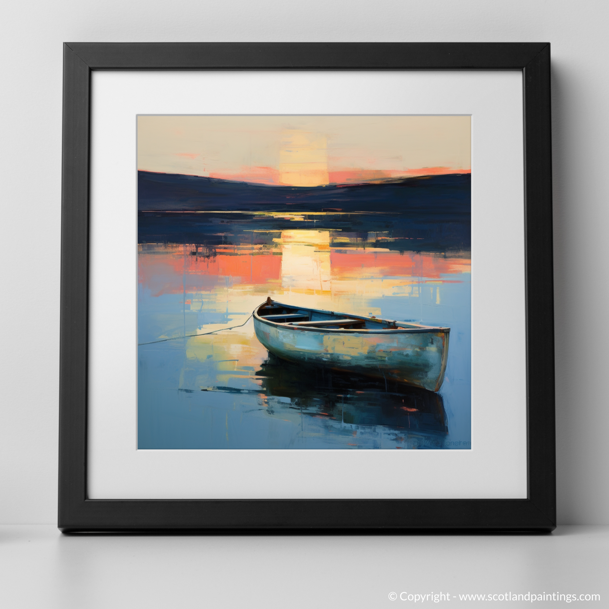 Art Print of Lone rowboat on Loch Lomond at dusk with a black frame