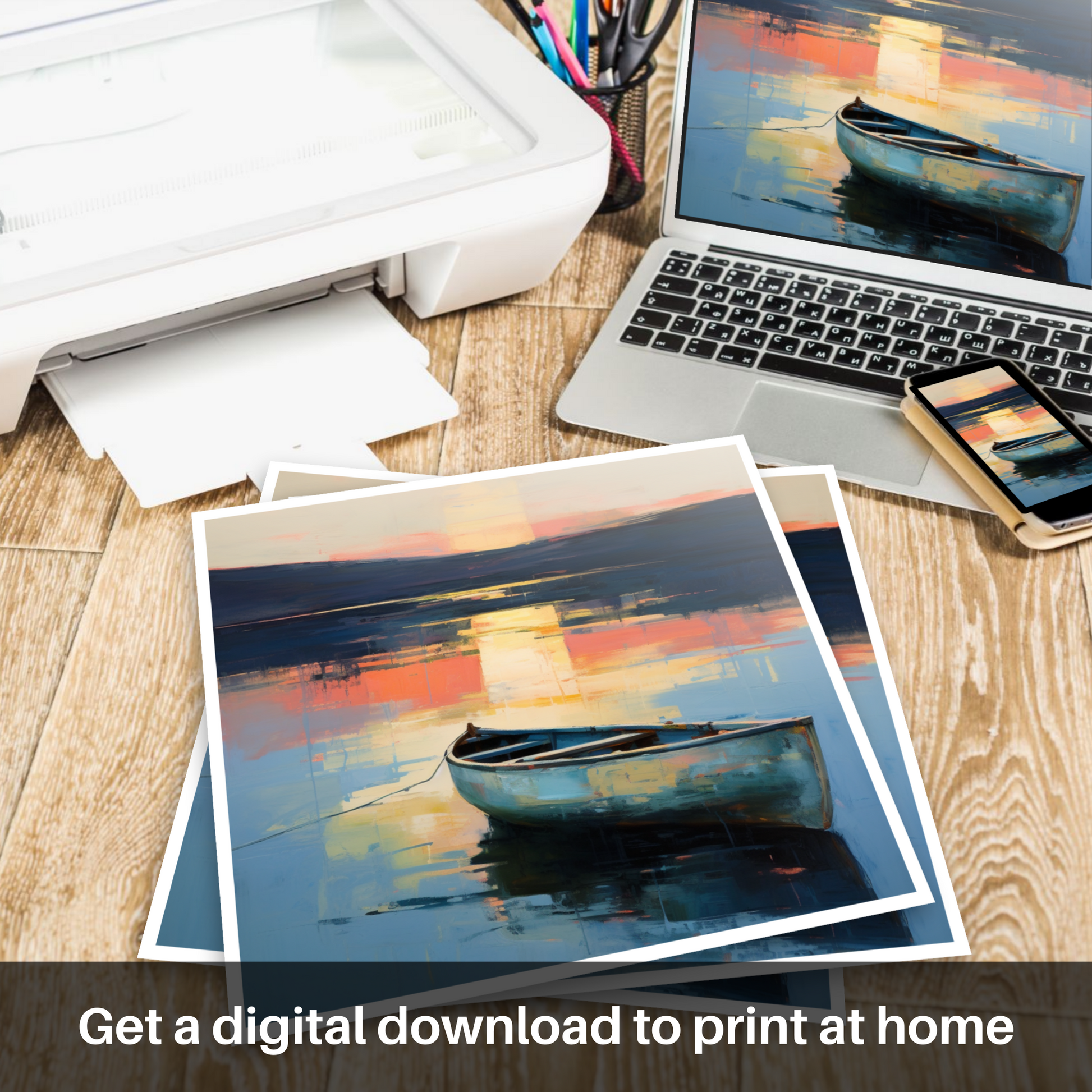 Downloadable and printable picture of Lone rowboat on Loch Lomond at dusk