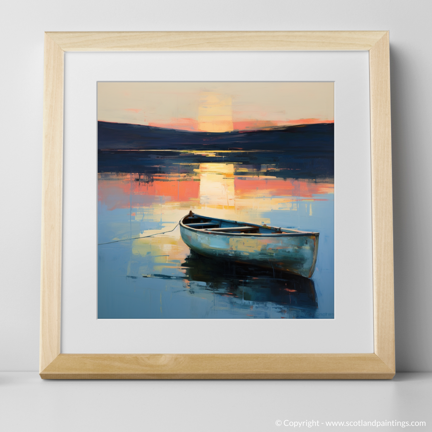 Art Print of Lone rowboat on Loch Lomond at dusk with a natural frame