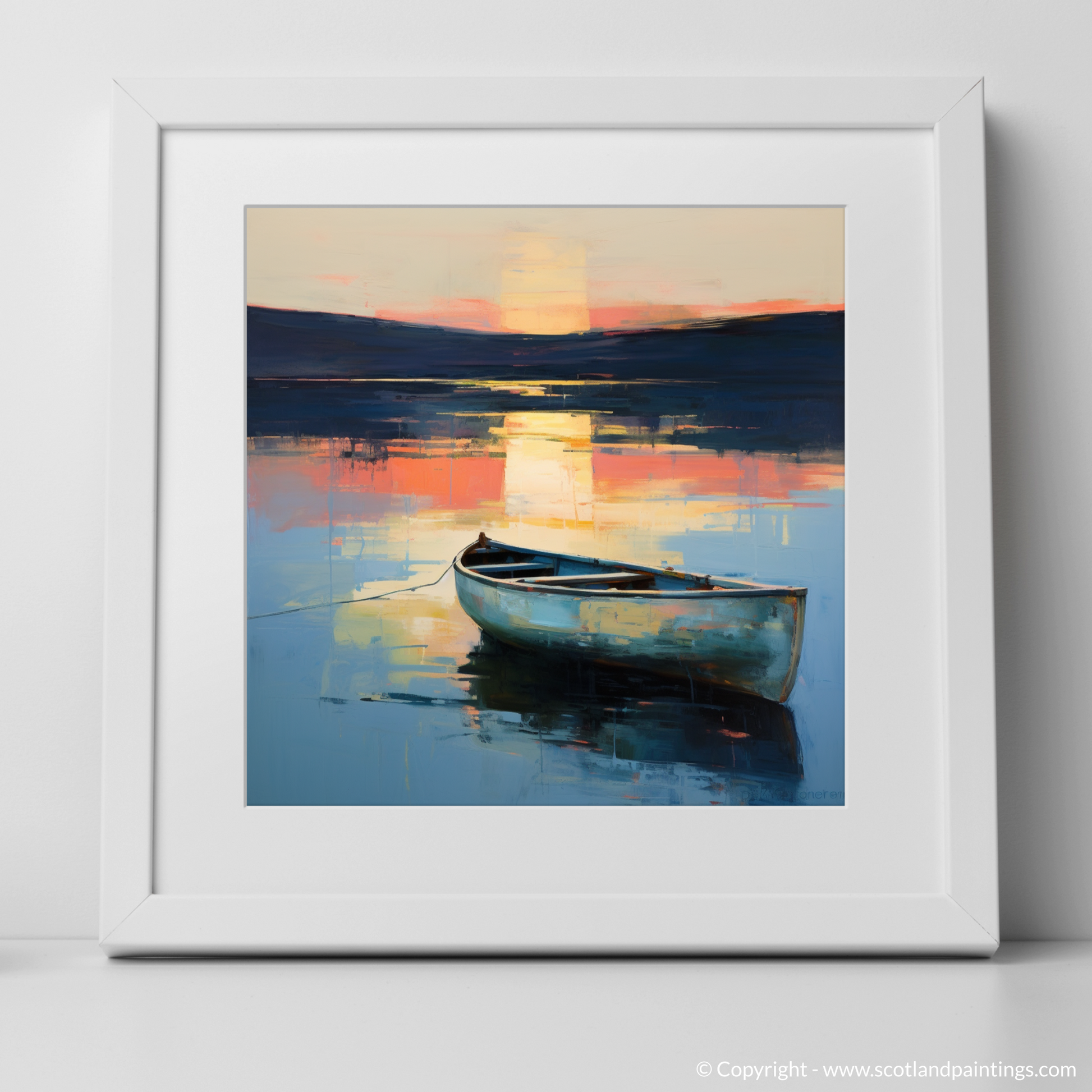 Art Print of Lone rowboat on Loch Lomond at dusk with a white frame