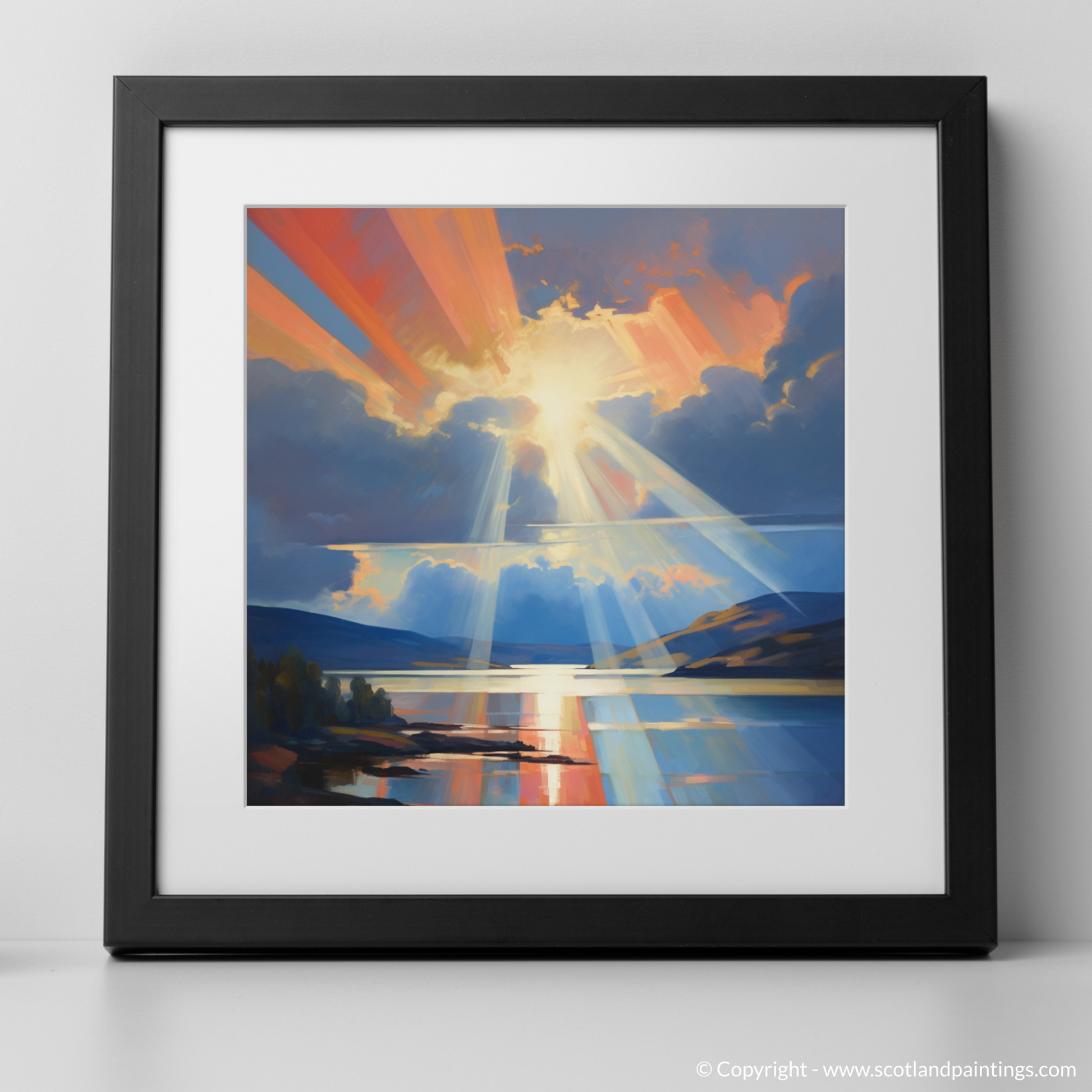 Art Print of Crepuscular rays above Loch Lomond with a black frame