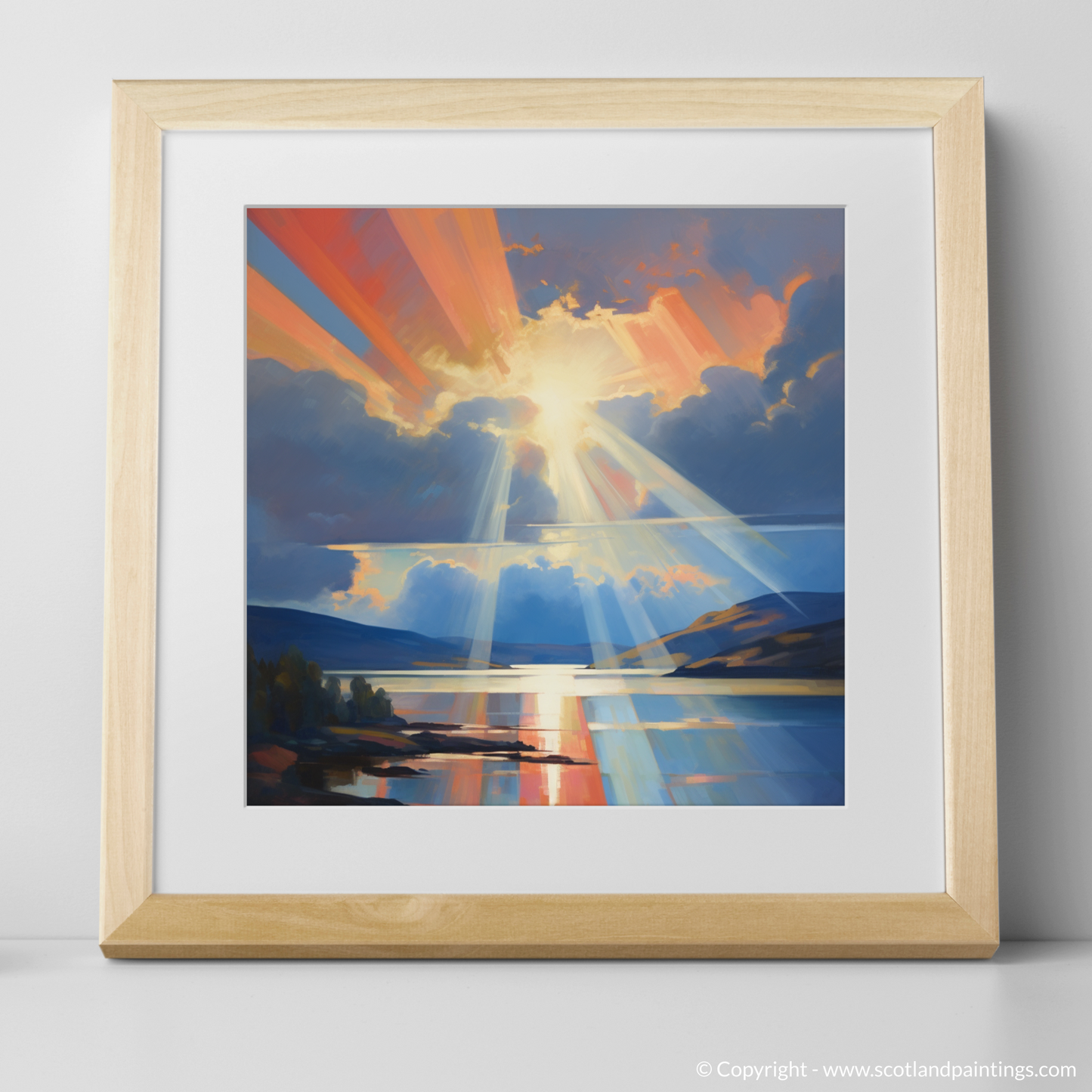 Art Print of Crepuscular rays above Loch Lomond with a natural frame