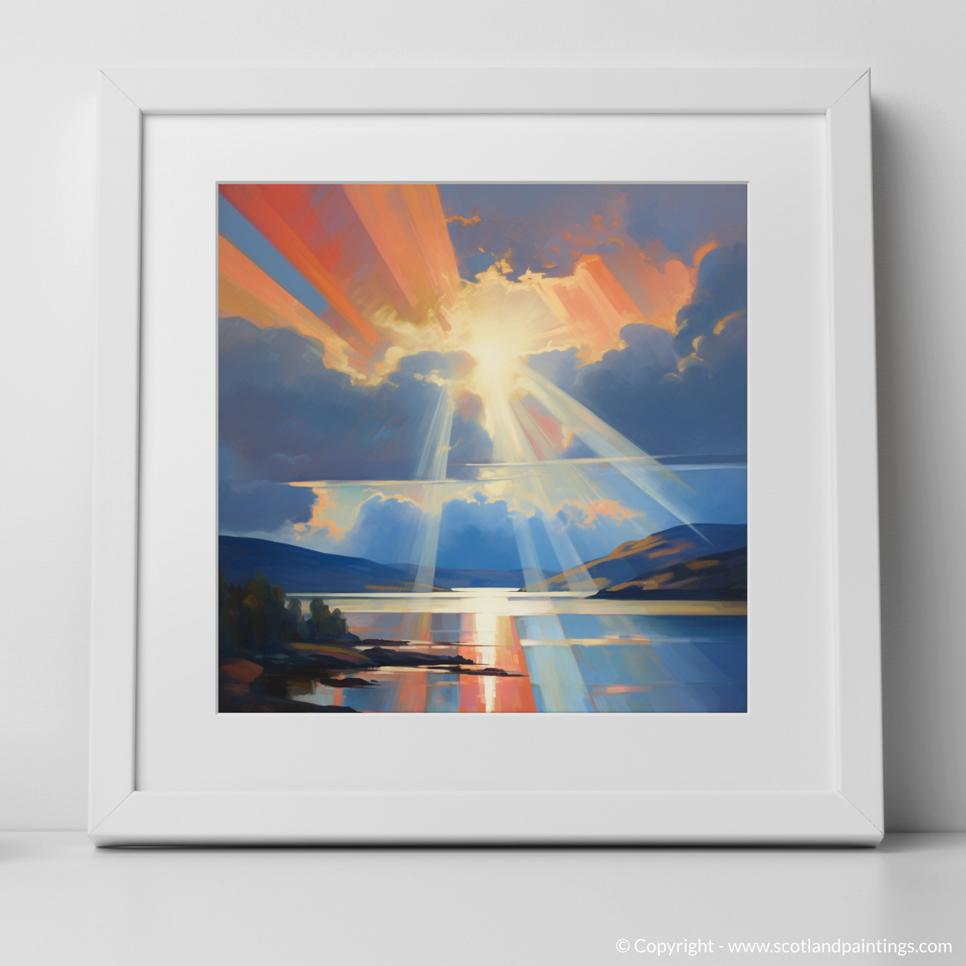 Art Print of Crepuscular rays above Loch Lomond with a white frame