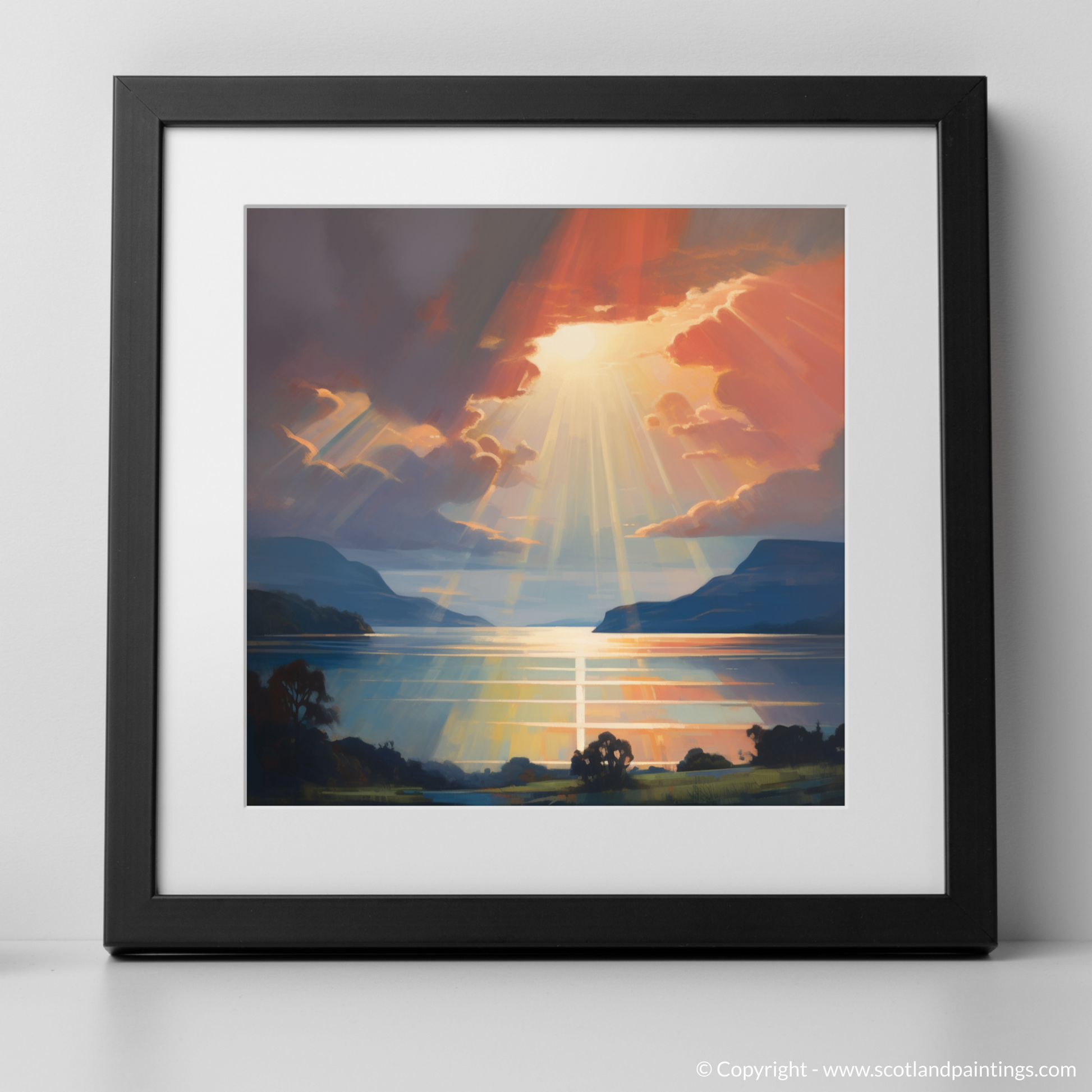 Art Print of Crepuscular rays above Loch Lomond with a black frame