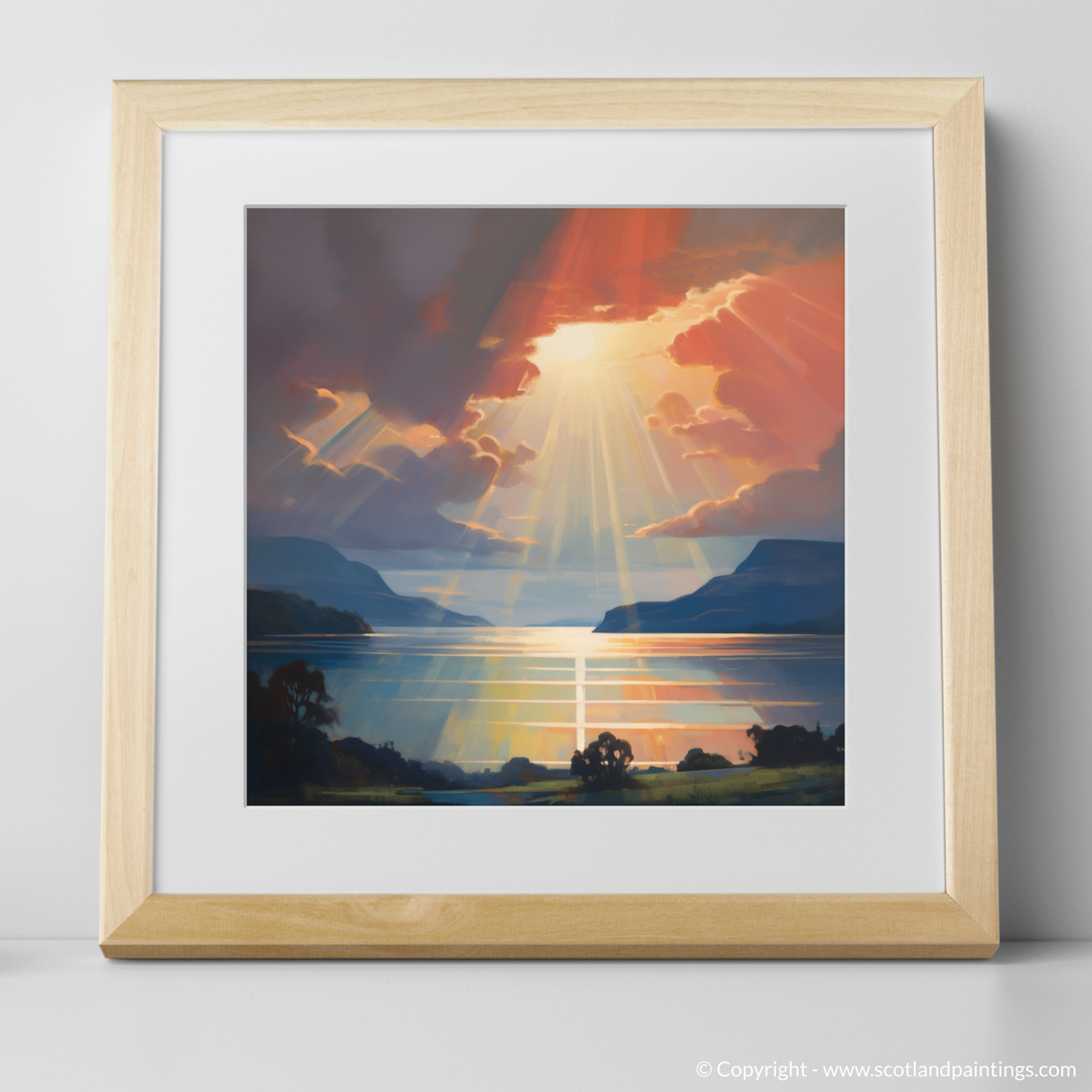 Art Print of Crepuscular rays above Loch Lomond with a natural frame