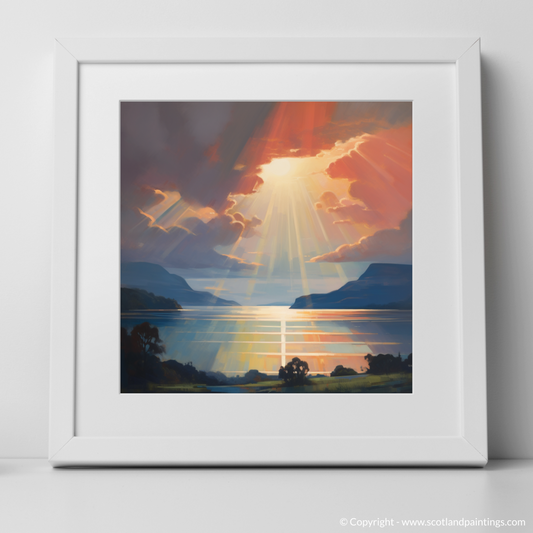 Art Print of Crepuscular rays above Loch Lomond with a white frame