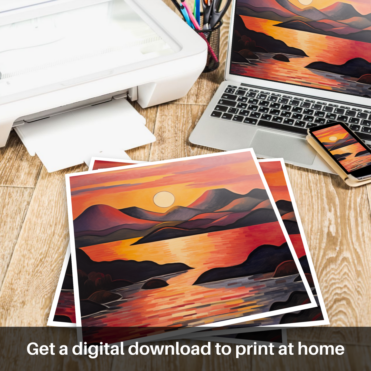 Downloadable and printable picture of Sunset over Loch Lomond