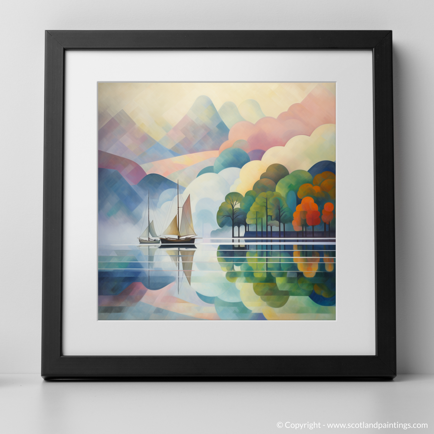 Art Print of Misty morning on Loch Lomond with a black frame