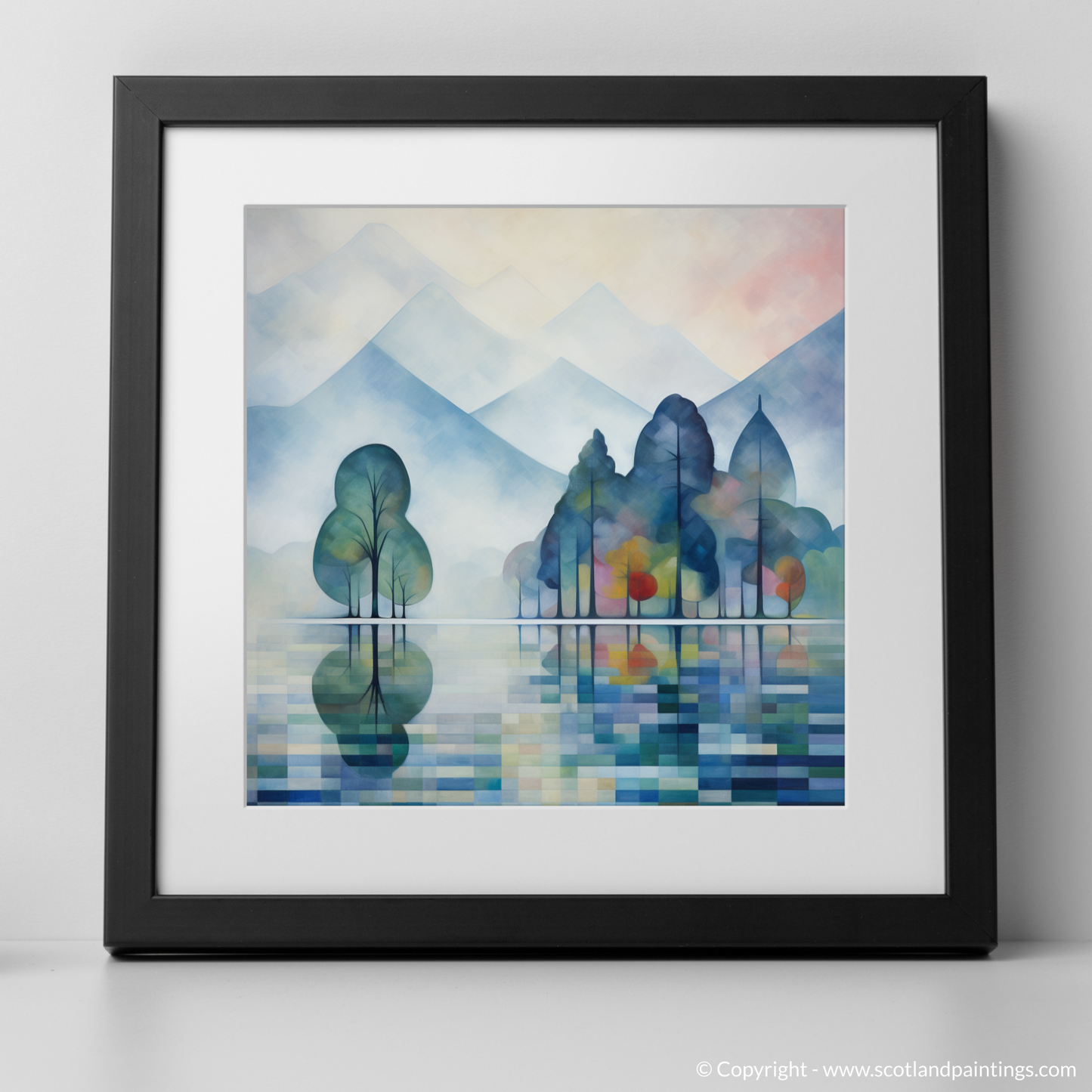 Art Print of Misty morning on Loch Lomond with a black frame