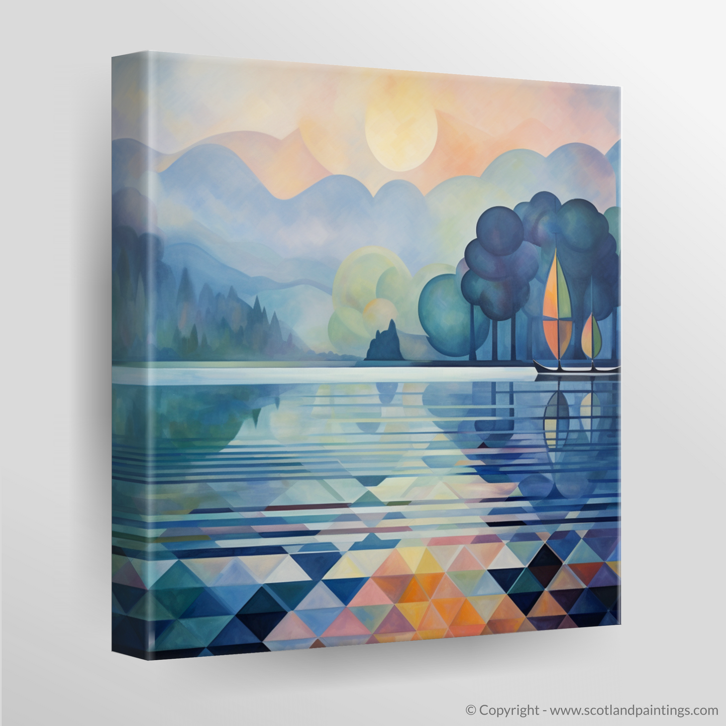 Painting and Art Print of Misty morning on Loch Lomond. Misty Mornings at Loch Lomond: An Abstract Panorama.