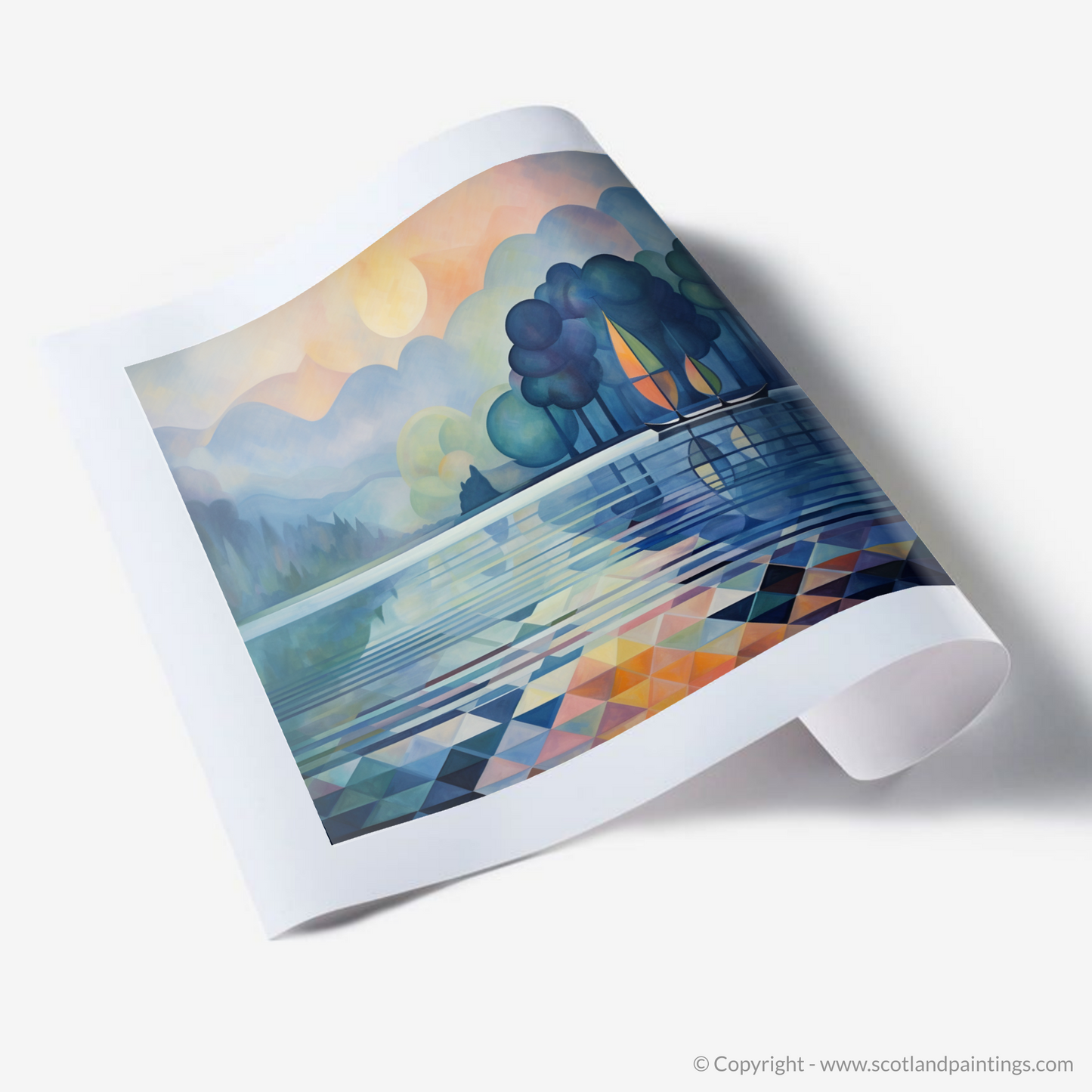 Painting and Art Print of Misty morning on Loch Lomond. Misty Mornings at Loch Lomond: An Abstract Panorama.