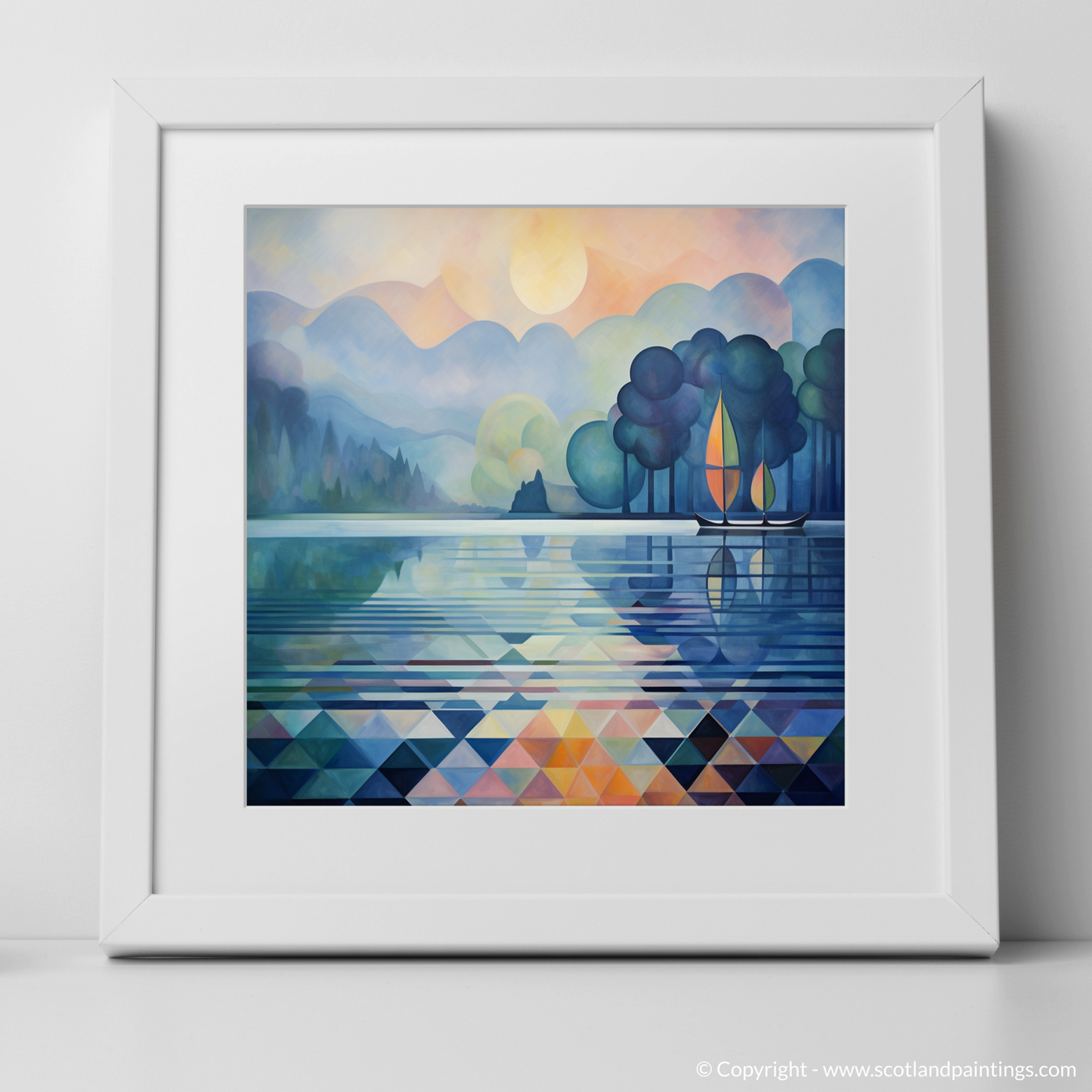 Painting and Art Print of Misty morning on Loch Lomond. Misty Mornings at Loch Lomond: An Abstract Panorama.