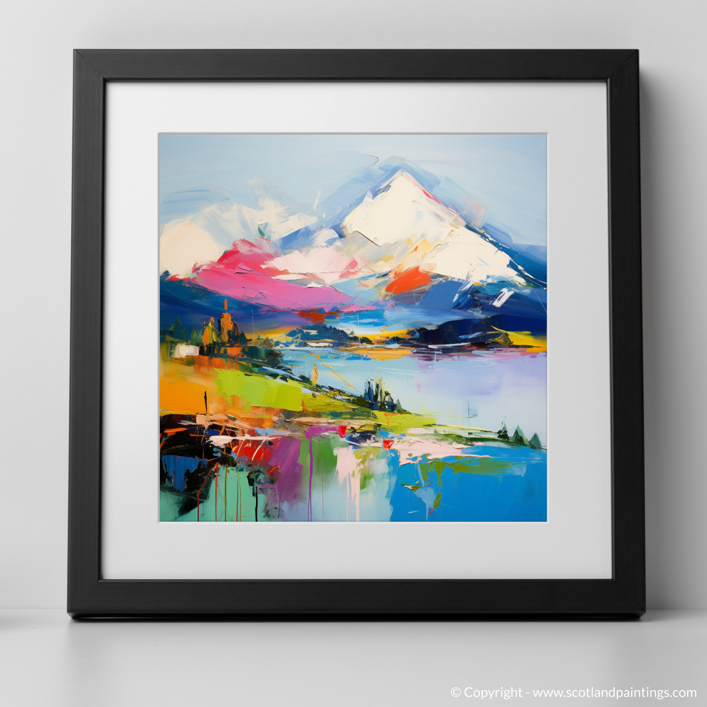 Art Print of Snow-capped peaks overlooking Loch Lomond with a black frame