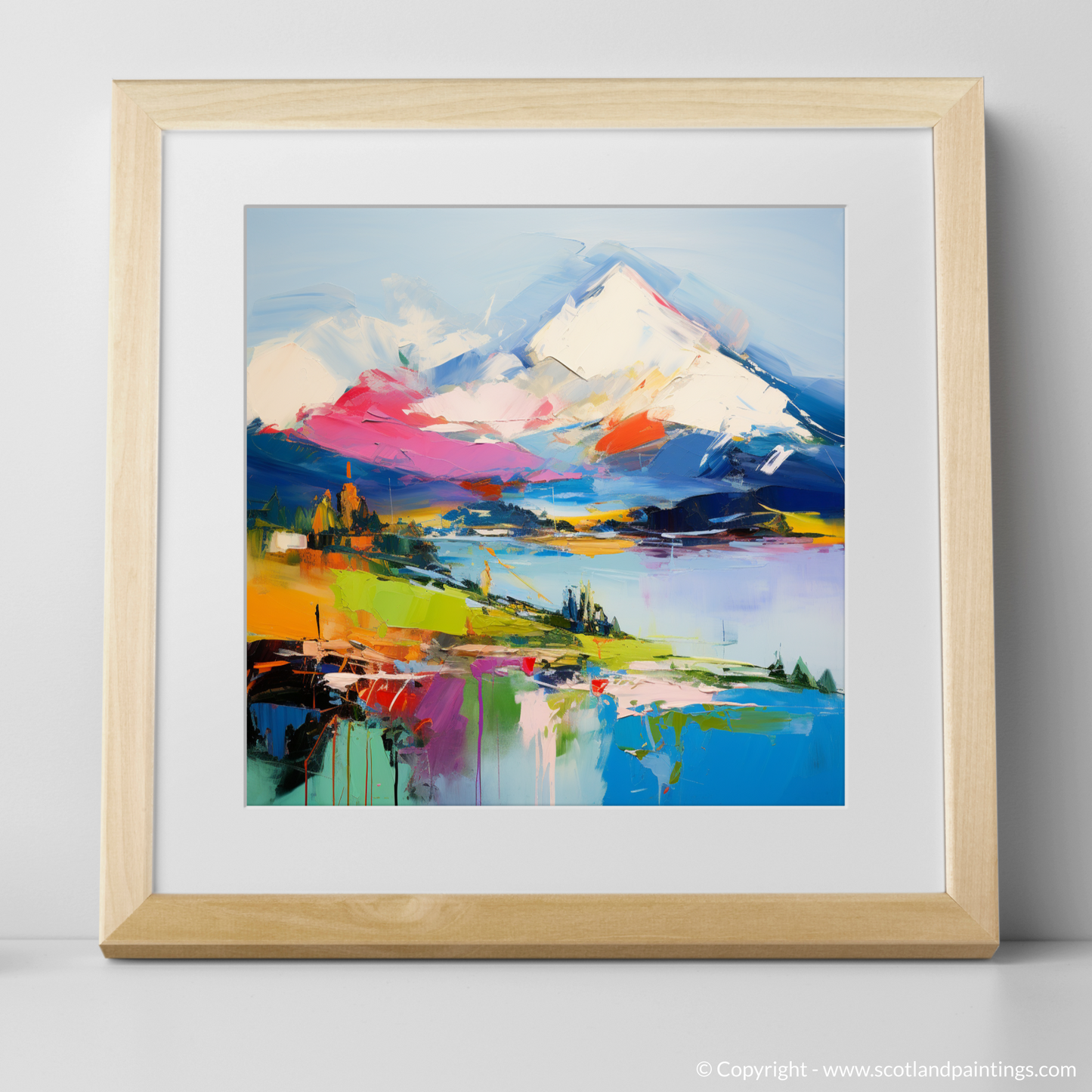 Art Print of Snow-capped peaks overlooking Loch Lomond with a natural frame