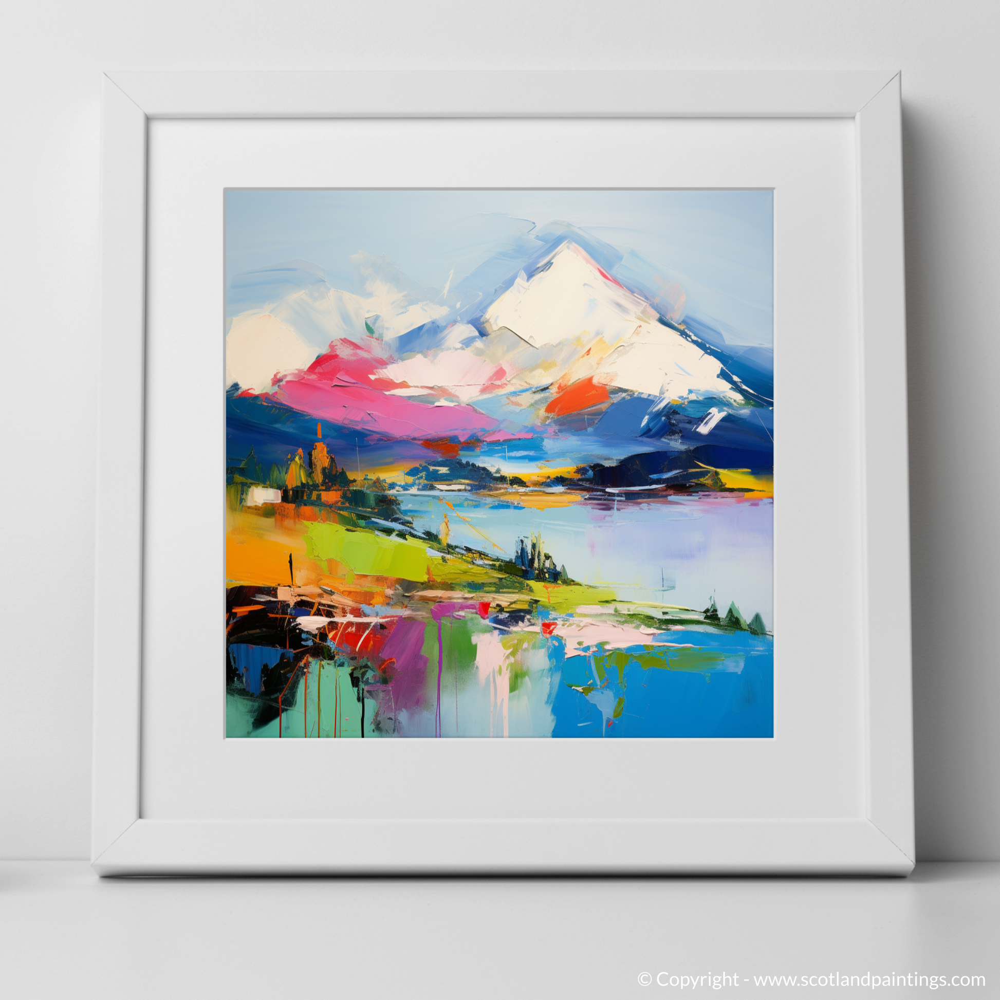 Art Print of Snow-capped peaks overlooking Loch Lomond with a white frame