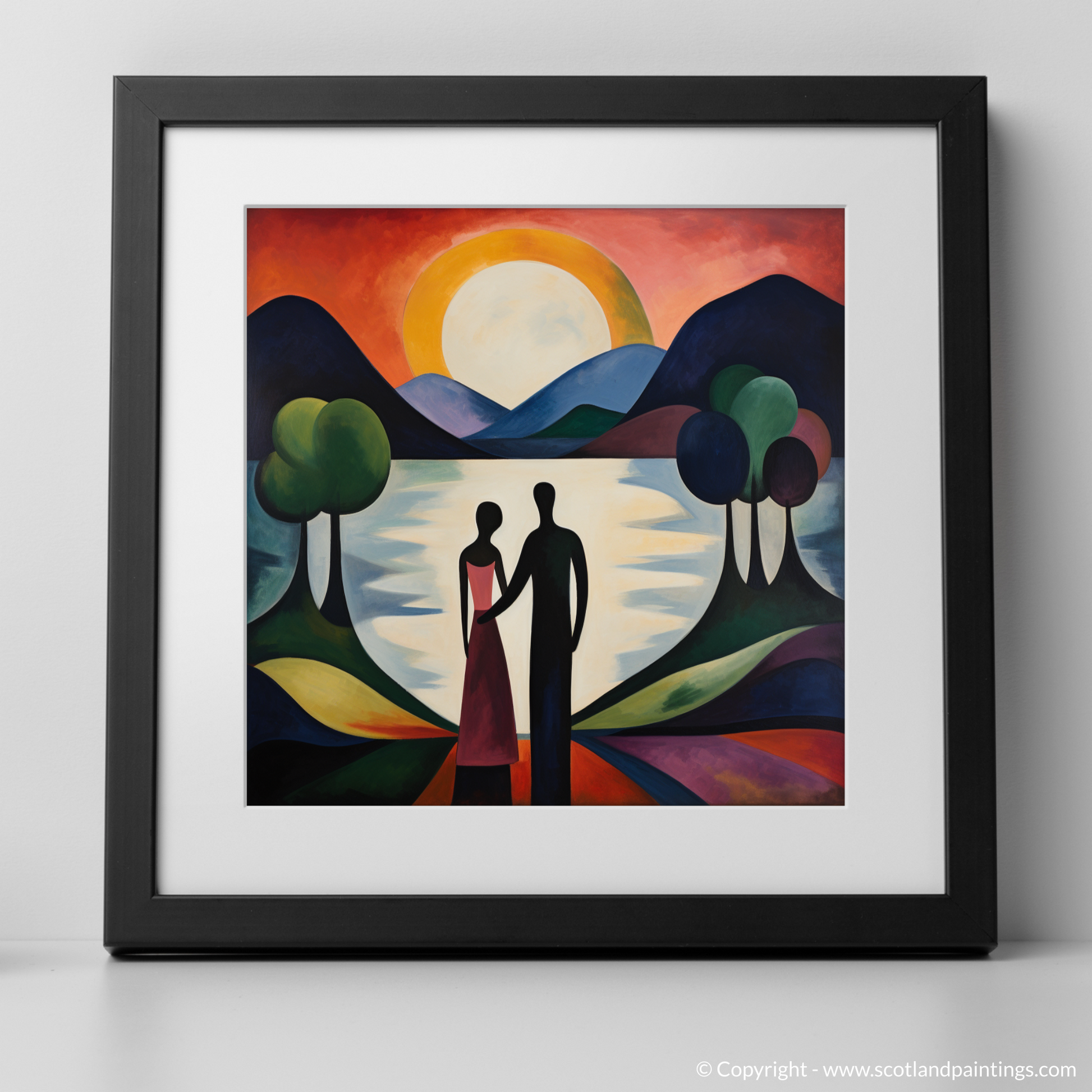 Art Print of A couple holding hands looking out on Loch Lomond with a black frame