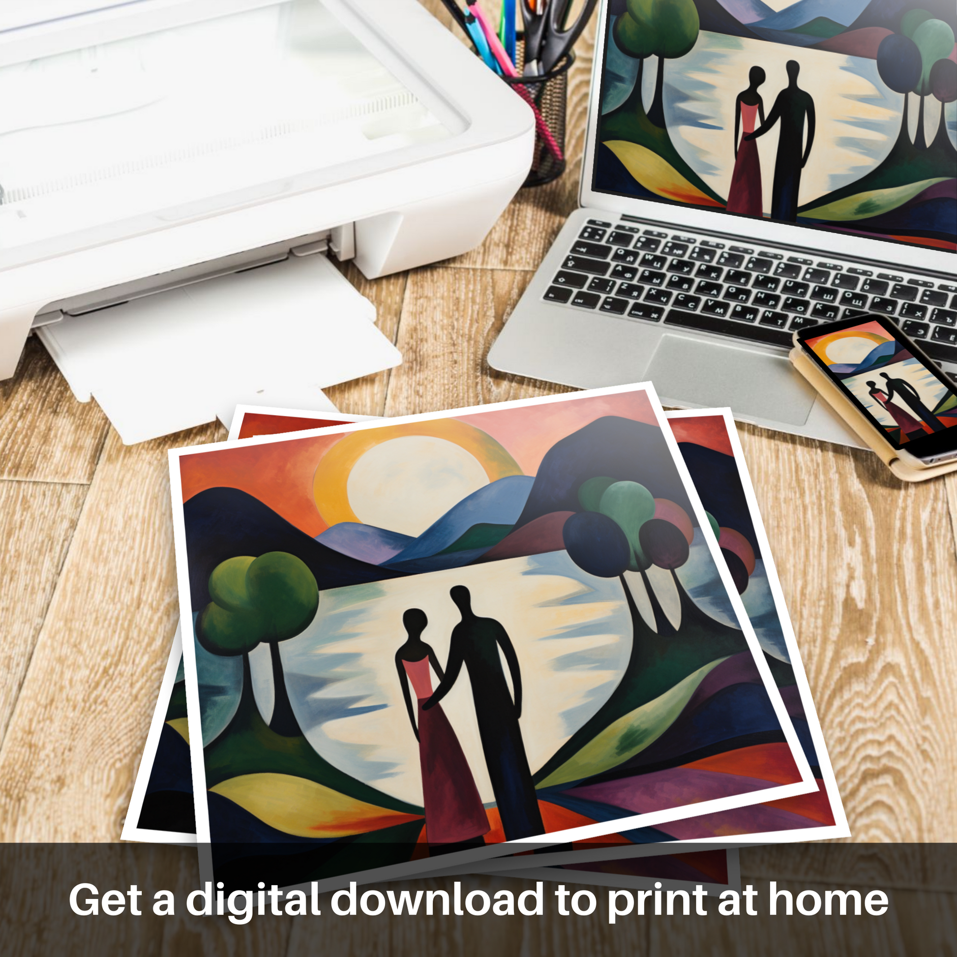 Downloadable and printable picture of A couple holding hands looking out on Loch Lomond