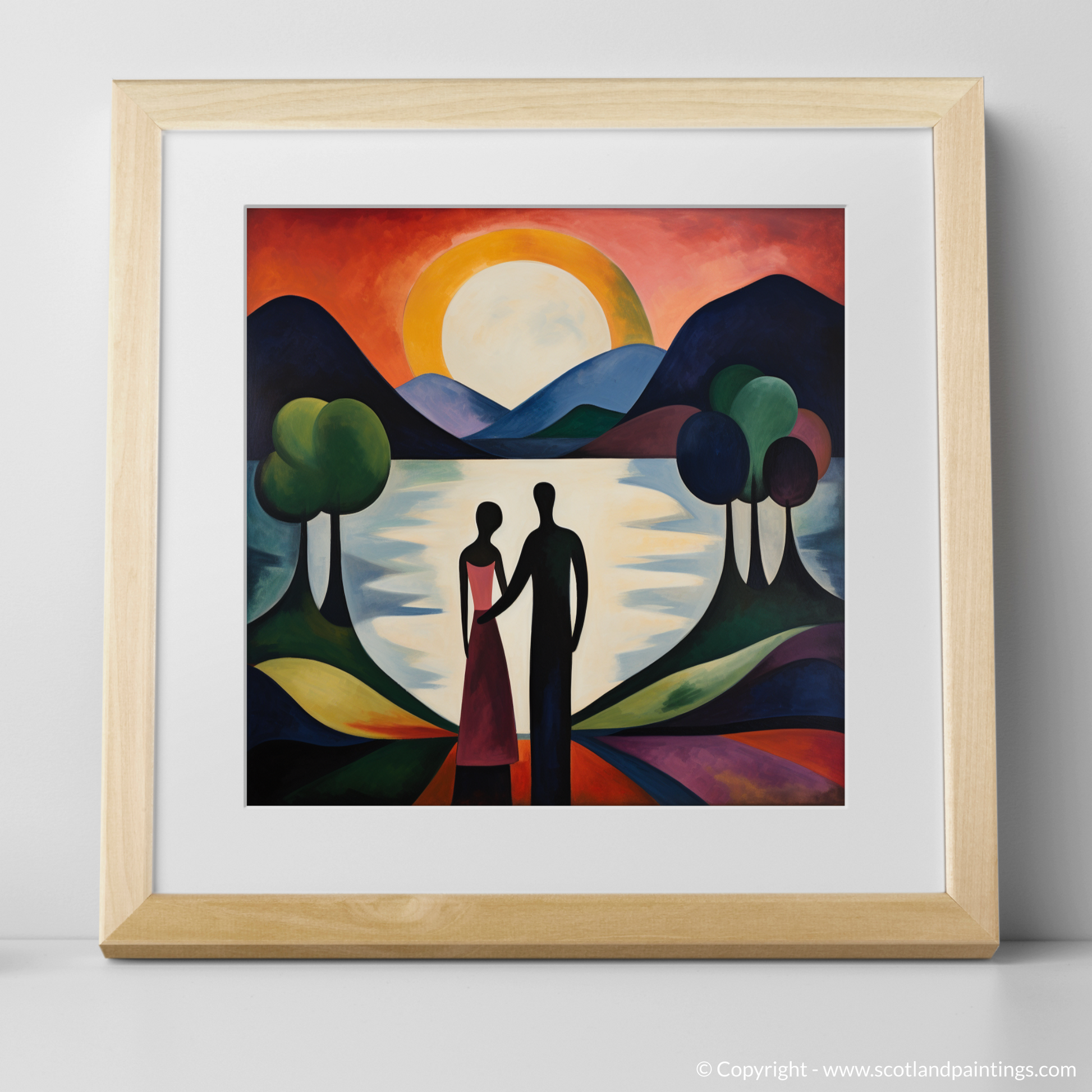 Art Print of A couple holding hands looking out on Loch Lomond with a natural frame