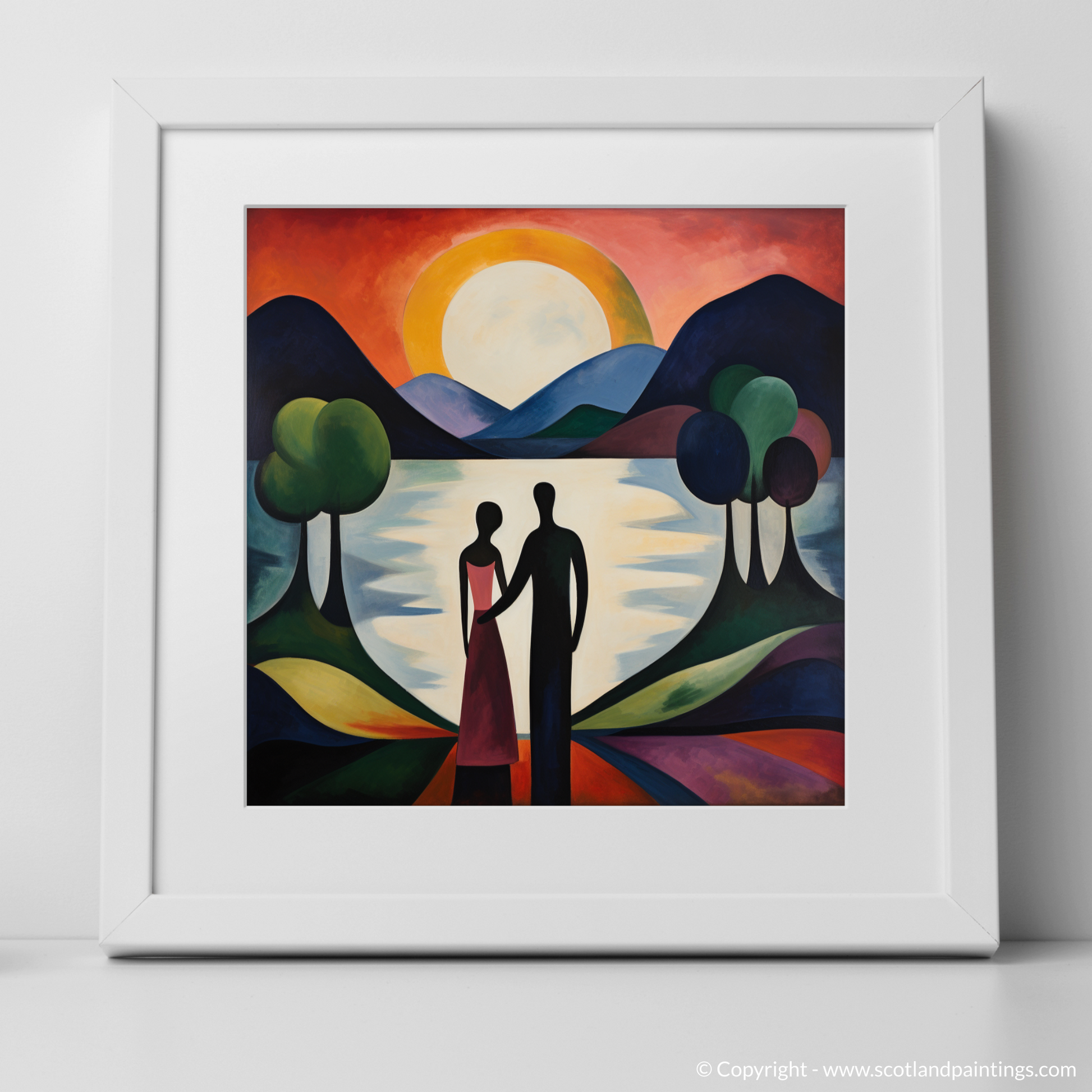 Art Print of A couple holding hands looking out on Loch Lomond with a white frame