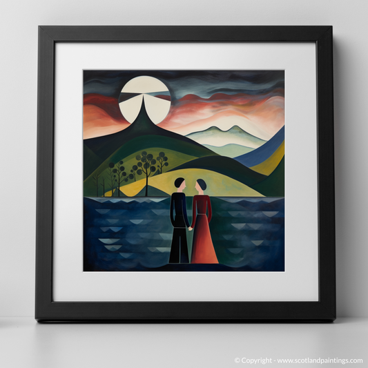 Art Print of A couple holding hands looking out on Loch Lomond with a black frame