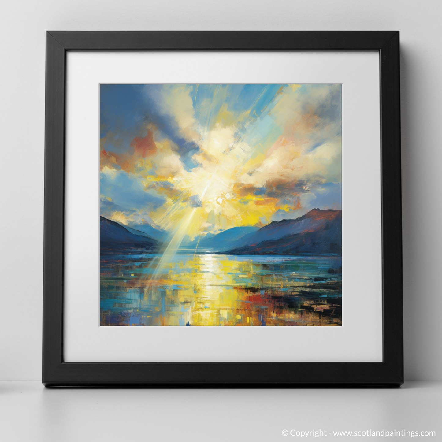 Art Print of Sun rays through clouds above Loch Lomond with a black frame